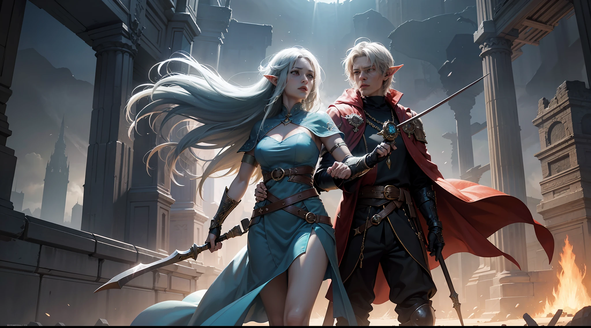 ((Best quality)), ((masterpiece)), (highly detailed:1.3)3D,tanjoreai , Amidst a realm of enchantment and mythical wonders, tales of (heroes:1.1) and (heroines:1.2) unfold. In this realm, ancient prophecies foretell the rise of a chosen champion destined to confront a malevolent force threatening to plunge the world into eternal darkness. The path to victory lies scattered across exotic and otherworldly landscapes, from mist-shrouded forests to towering crystalline peaks and (ethereal floating islands:1.1).Harnessing the arcane arts, (mighty wizards:1.1) conjure spells that weave intricate patterns of magic, while (elven archers:1.1) unleash arrows infused with ancient power. (Dwarven smiths craft legendary weapons:1.1) imbued with the essence of mythical creatures, capable of vanquishing even the most formidable foes.The heroes embark on a perilous quest, guided by ancient scrolls and cryptic riddles. Along their journey, they encounter wise mystics, shape-shifting creatures, and (mysterious sorceresses:1.1) who possess forbidden knowledge.As the heroes traverse the realms, ancient ruins and forgotten temples reveal long-lost secrets and powerful artifacts. The clash of steel and the crackling of (magical energies:1.1) echo through ancient battlegrounds, as the destiny of the world hangs in the balance. The heroes must summon unwavering courage, unwavering unity, and unlock their true potential to overcome seemingly insurmountable odds and fulfill their heroic destinies.In this realm of high fantasy, where the realms of magic and technology intertwine, where legends are born and (epic:1.2) sagas unfold, where heroes rise and villains fall, embark on a grand adventure that will captivate the imagination and transport you to a world where anything is possible,HDR (High Dynamic Range),Ray Tracing,NVIDIA RTX,Super-Resolution,Unreal 5,Subsurface scattering,PBR Texturing,Post-processing,Anisotropic Filtering,Depth-of-field,Maximum clarity and sharpness,Multi-layered textu