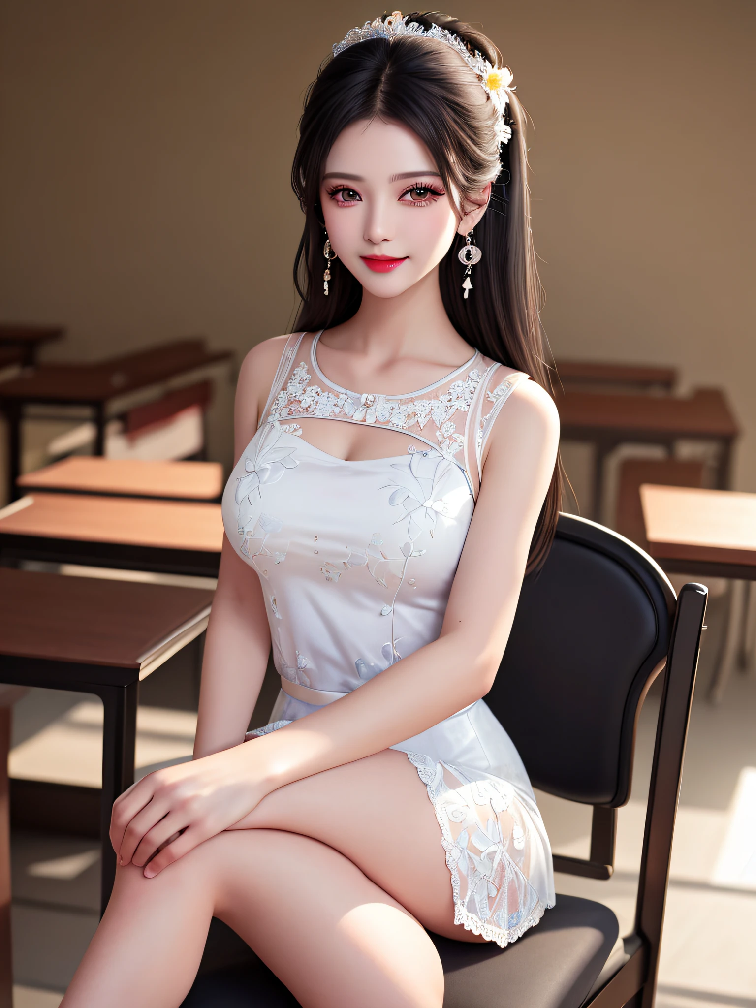 Female teacher crossing legs on classroom chair v6, earrings, full body v6, long gray hair, looking, superb, ultra high definition, RAW photo, realism 1.25), (bright lip gloss, long eyelashes, smooth) face, bright skin, natural shadows, wide light, wide light, depth of field, strong color, subtle caustics: 0.8), smile, (big), v6, sexy, black lace lingerie, Sleeveless, Earrings, Full Body v6, Long Gray Hair, (Sleeveless One Piece with (White Sheer Floral Pattern)), Looking, Superb, Ultra High Definition, RAW Photography, Realism 1.25), (Bright Lip Gloss, Long Eyelashes, Smooth) Face, Bright Skin, Natural Shadows, Wide Light, Wide Light, Depth of Field, Strong Colors, Subtle Caustics: 0.8), Smile, (Big), V6,