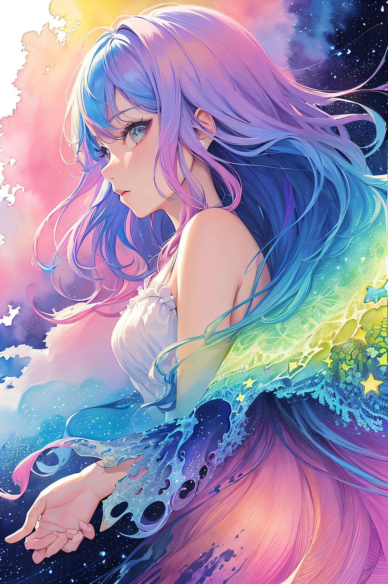 (masterpiece, top quality, best quality,watercolor (medium),official art, beautiful and aesthetic:1.2),(1girl:1.3), (fractal art:1.3),upper body, from side, looking at viewer,patterns,(rainbow color Hair,colorful hair,half blue and half pink hair:1.2),water,liquid, cloud,colorful, starry,stars,