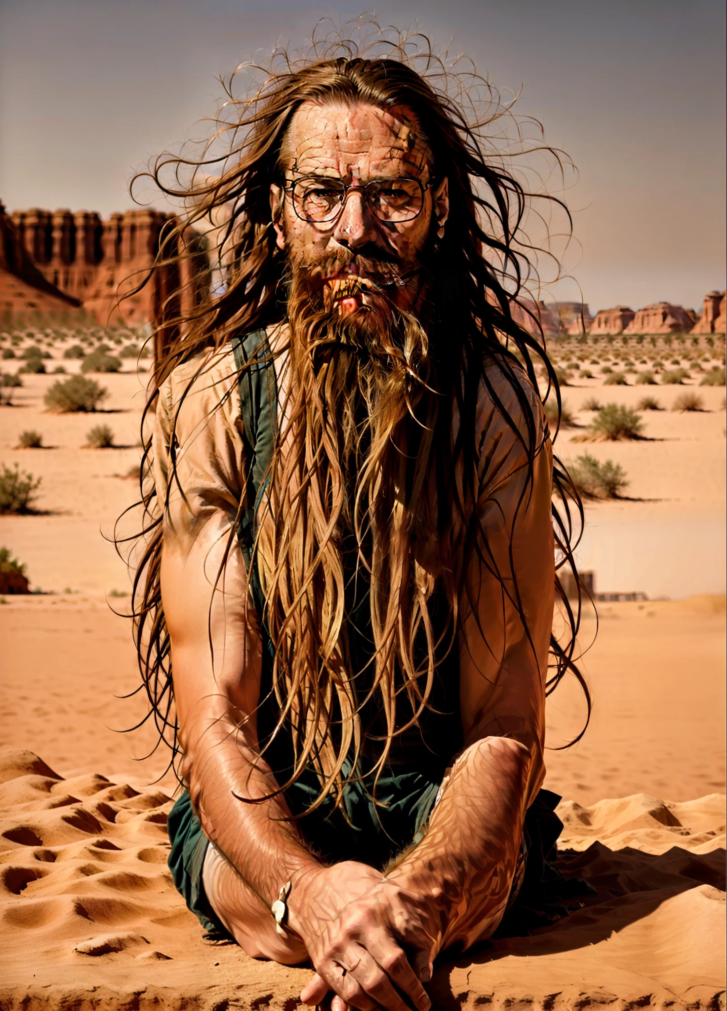 A stunning and intricate color photo of a man's entire body, long hair, wearing a long beard 
Epic composition of characters, sitting in mine from the desert 
By Ilya Kuvshinov, Alessio Albi, Nina Masic,
sharp focus, natural lighting, subsurface scattering, f2, 35mm, film grain