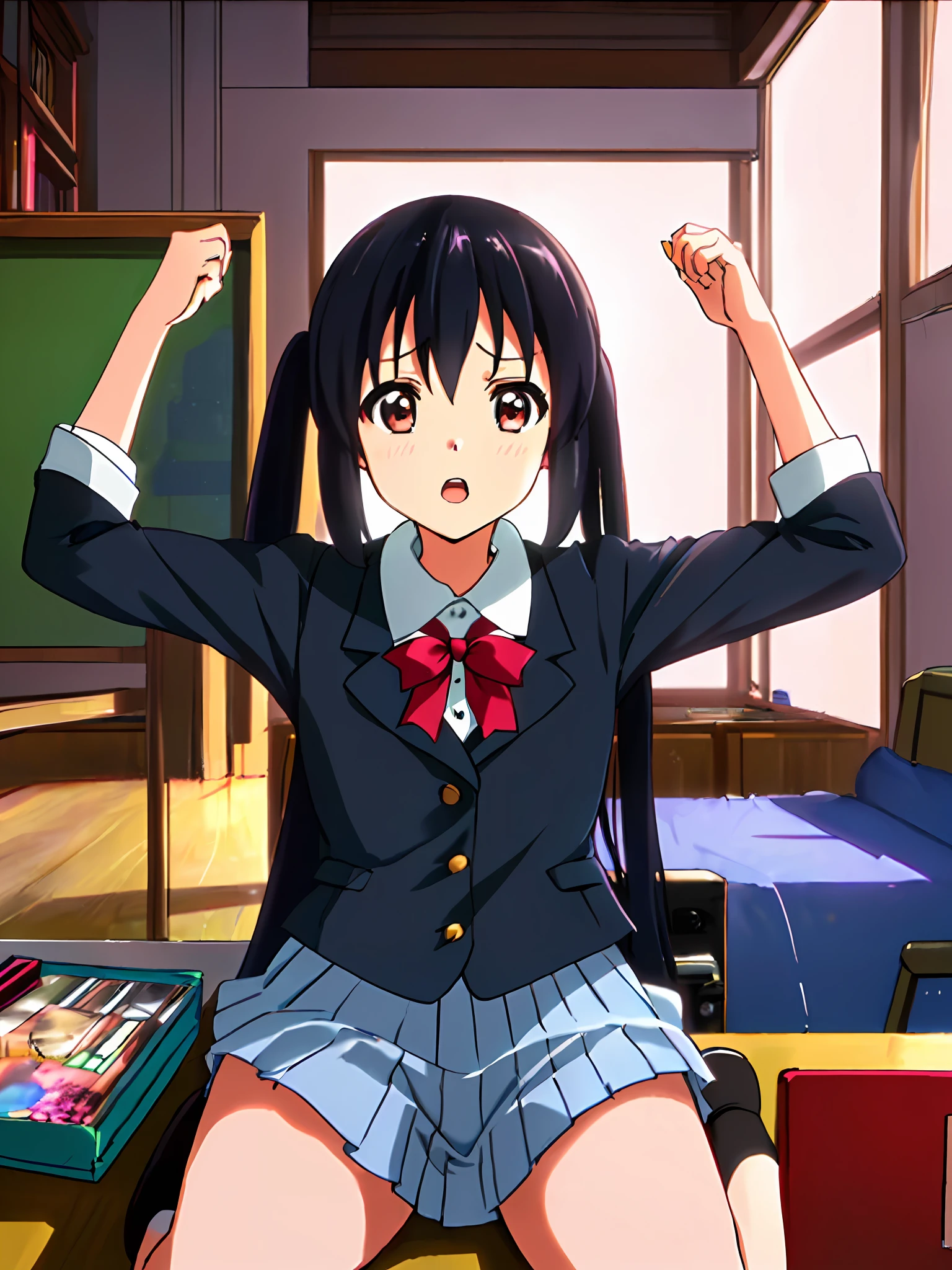 1girl, ((((Masterpiece))), Best Quality, Best Quality, High Detail, Azusa Nakano, 1girl, Sakuragaoka High School Uniform, Musical Instrument, School Uniform, Twin Tails, Long Hair, Black Hair, Brown Eyes, Solo, Red, Dark blue blazer with a thin ribbon of red, Solid white button shirt under blazer, Illustration, Cartoon, Soothing tones, Muted colors, Soft cinematic light, Adobe Lightroom, Photo Lab, HDR, complex and highly detailed, (((depth of field))))). (((Masterpiece))). (((highest quality))).) ((super detail))). (((Illustration))). (((Room))). (((fighting stance))).,dynamic focus.small breasts. (((Face of sadness))). Open mouth.Spread your arms.Stretch your chest.Sit down.