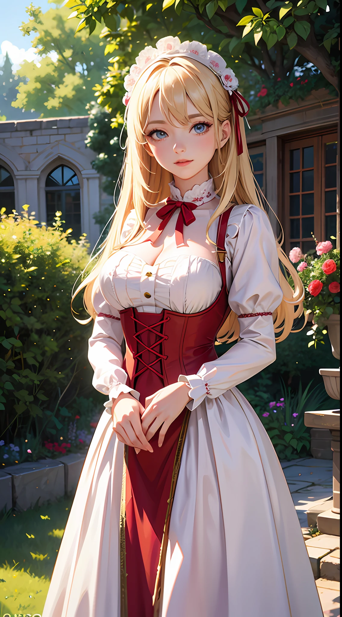 Masterpiece, highest quality, one-eyed, (perfect face: 1.1), (high detail: 1.1), (romance, 1.5), (long blonde: 1.3) novel cover, delicate, 1 delicate woman, wearing beautiful pink and white details and red ribbon Victorian dress: 1.3, pink corset, red rose detail: 1.3, long blonde hair: 1.3), (in beautiful garden, daytime), young woman, longing pose, ultra detail, digital art, studio quality, smooth rendering, Unreal Engine 5 rendering, octane rendering, 8K, 1800 dress, classic victorian dress, pompous dress