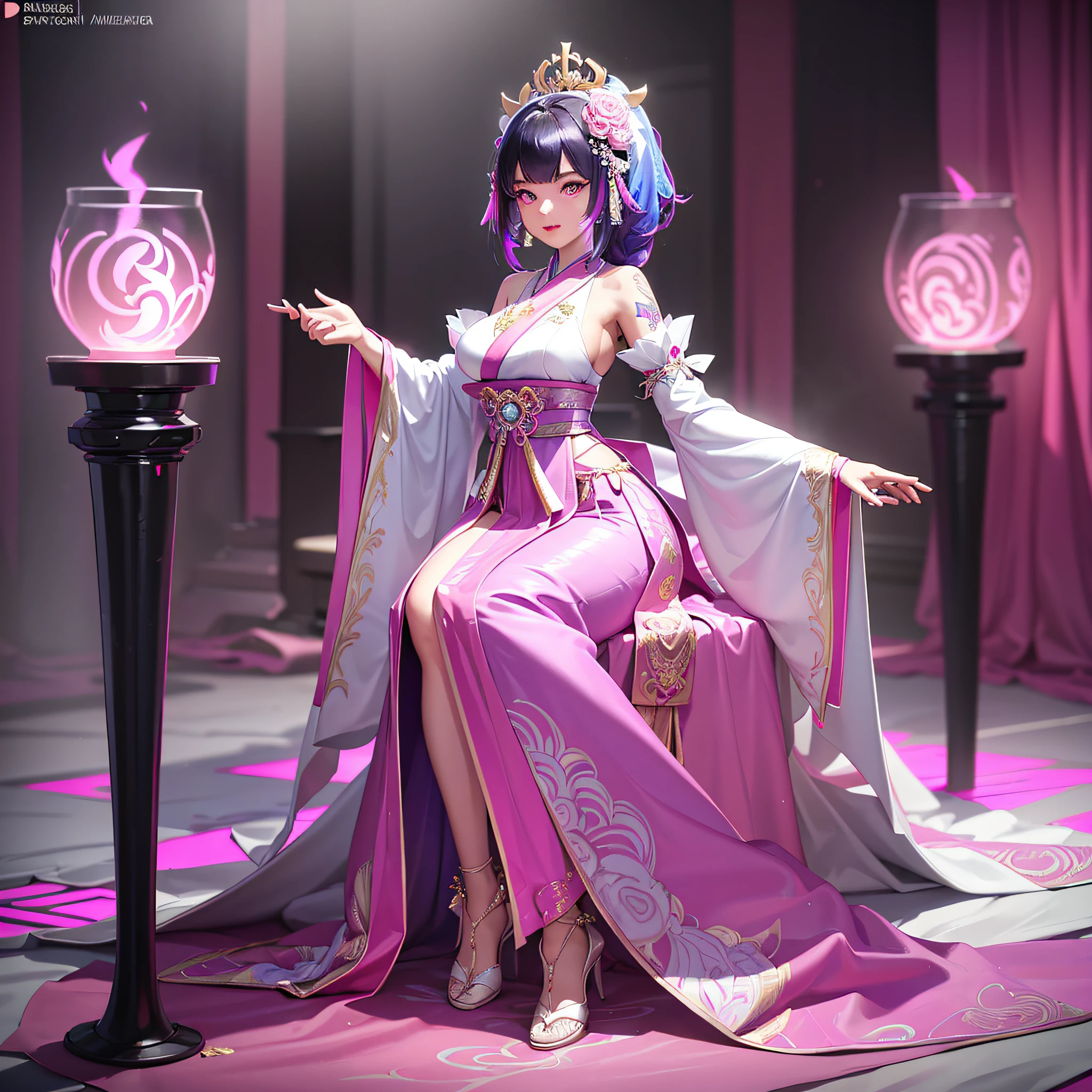 Neon,full body,Genshin Impact:Yae Miko,(((Wearing palace wedding dress, Long skirt, large hem,Fabric: Chiffon ))), in Pink Rose Castle, Masterpiece,best quality,extremely detailed 3DCG, Cinema-4D ,8k,Photorealistic, ( ##tattoo ##,tattoo, ~+ tattoo), (erfect female curves),(A seductive gaze), Facing the camera, Pink lips,Blacklight lighting,