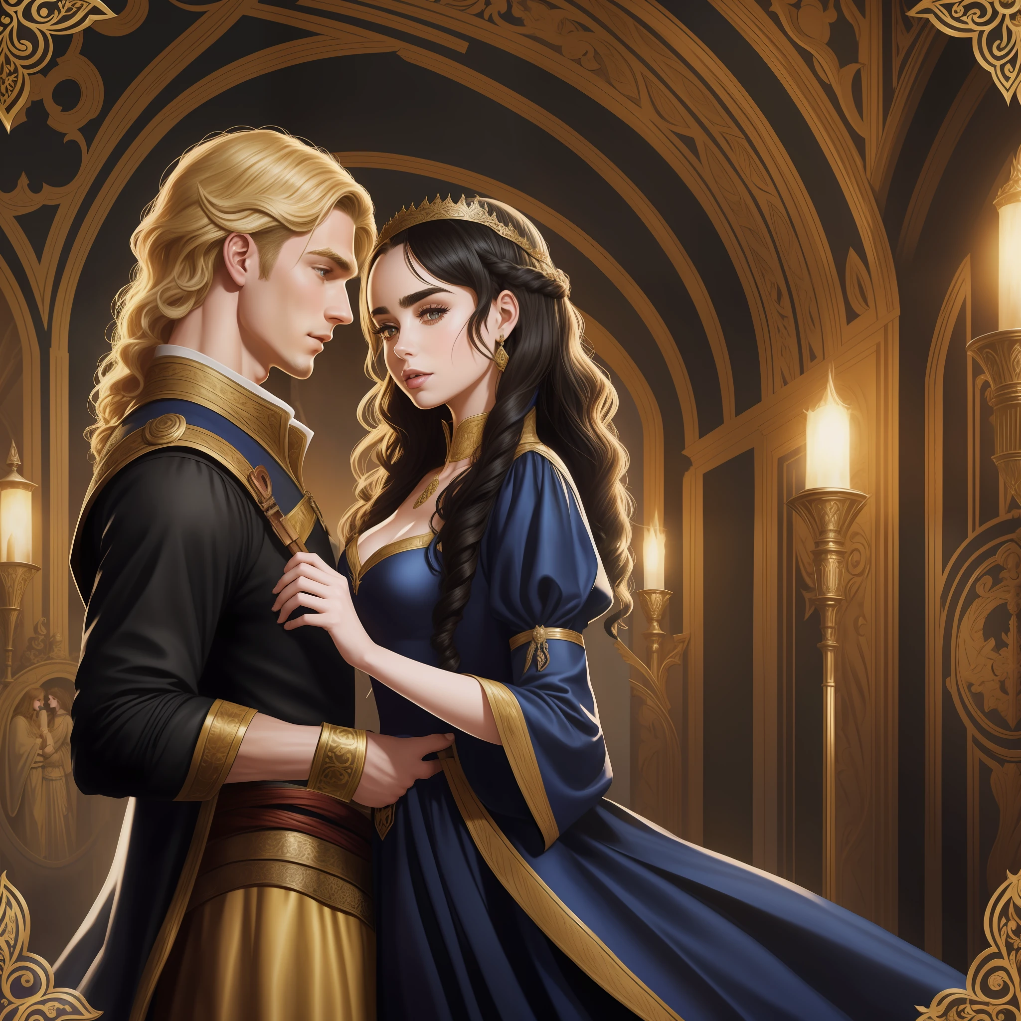 Lily Collins, who has curly black hair, wears a medieval dress. the Neels Visser wears a medieval military outfit and has blonde hair. The couple is waltzing in the ballroom. The illustration is like a book cover with a detailed, bright, illuminated, ultra detailed background, concept art, elegant, art by Greg Hildebrandt, Samyang