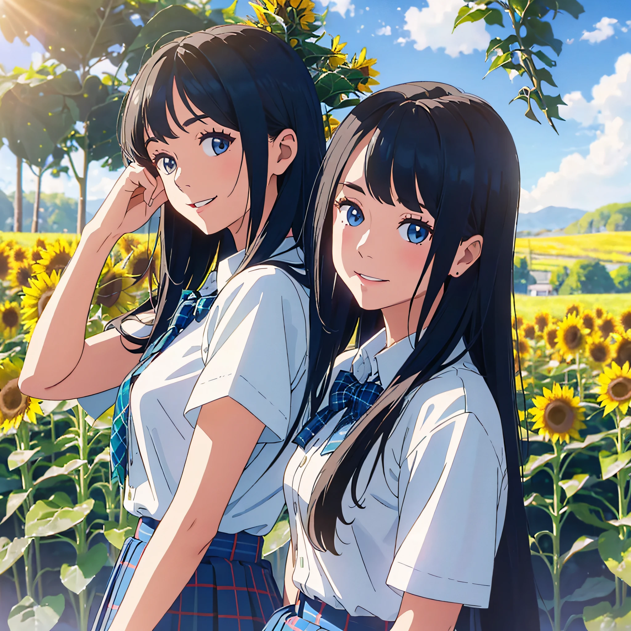 girls, high-waisted skirts (top quality, masterpieces, white blouses, plaid skirts, high school school uniforms), break [blue: green: 0.5], theme, (sunflower field: blue sky: 0.5), green lenses, blue eyes, black hair, long hair, looking back, smiling --auto --s2