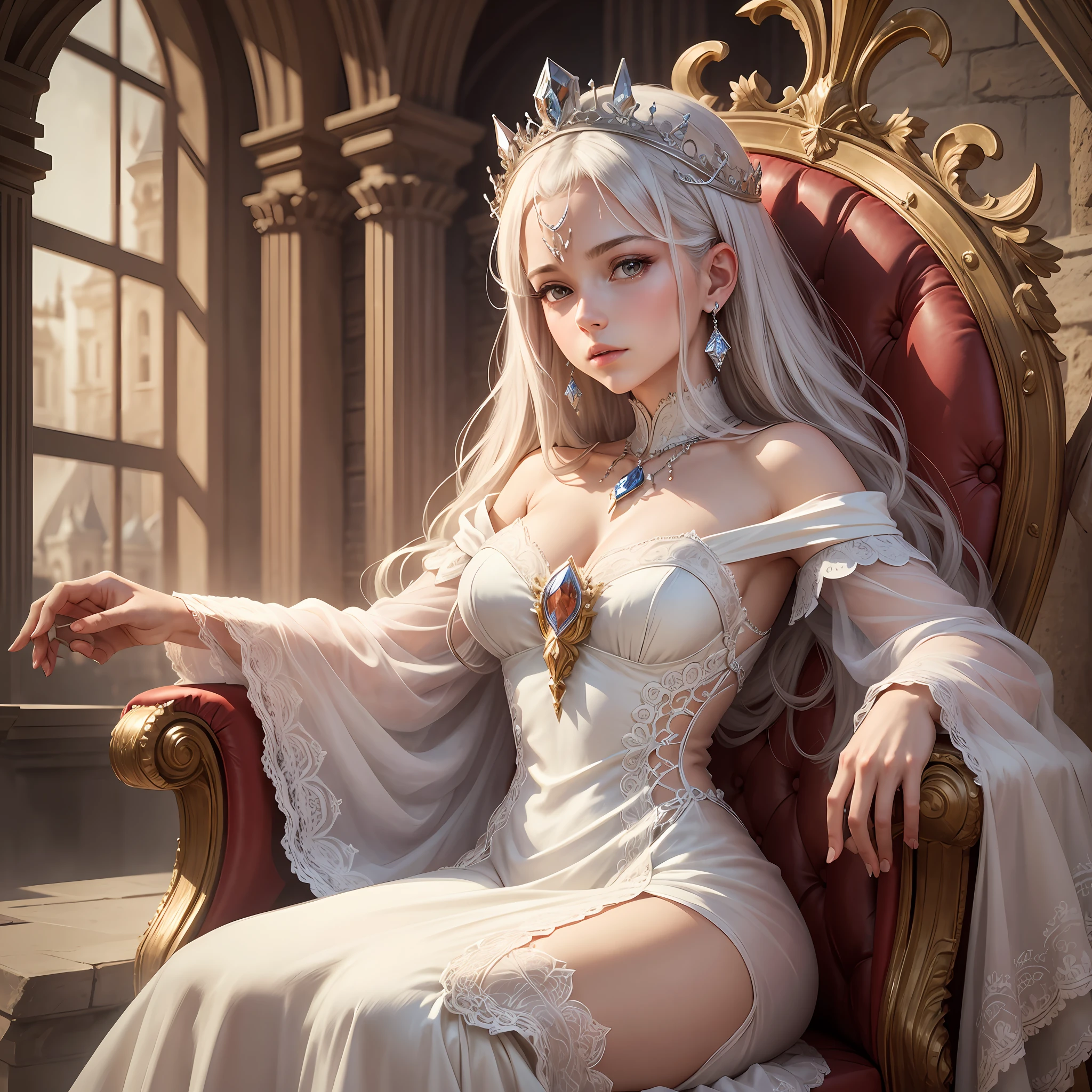 Create a scene: A queen on her throne inside a castle. She is wearing a flowing white dress that covers half of her arms, and the dress has an opening in the middle of the chest where a matching necklace rests. She wears a delicate crown, and her presence is majestic. --auto --s2