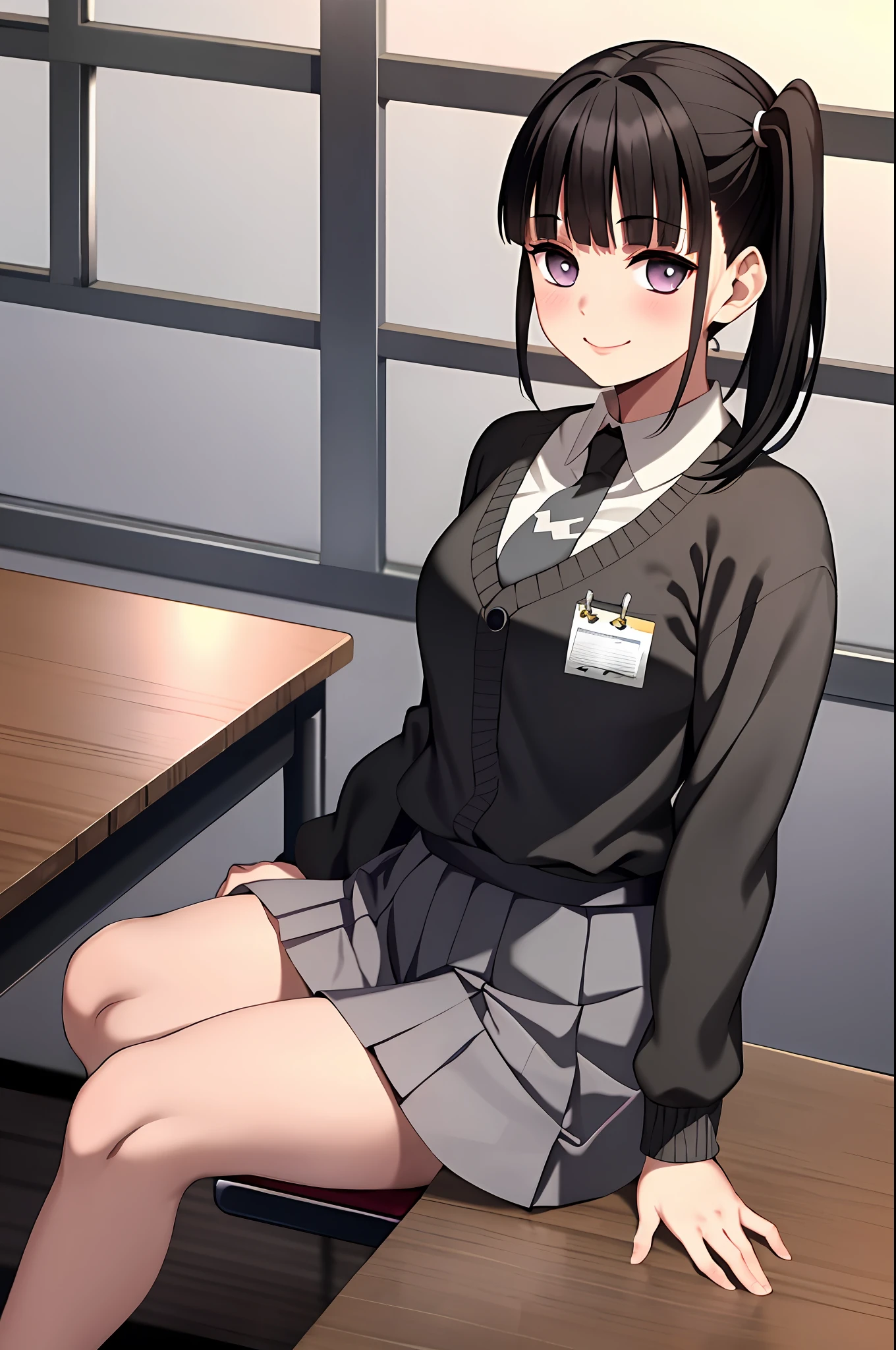 kimetsu no yaiba style, 1girl, butterfly hair ornament, hair ornament, white shirt, solo, purple eyes, side ponytail, smile, bangs, ((masterpiece)), pleated skirt, face at viewer, look at viewer, ((grey skirt)), grey necktie, grey long necktie, school, indoor, desk, chair, classroom, stocking, blush, shy, sexy pose, grey office necktie, grey pleated skirt, short sleeve, long necktie, brown symbol on pocket chest, INDONESIAN HIGH SCHOOL UNIFORM,