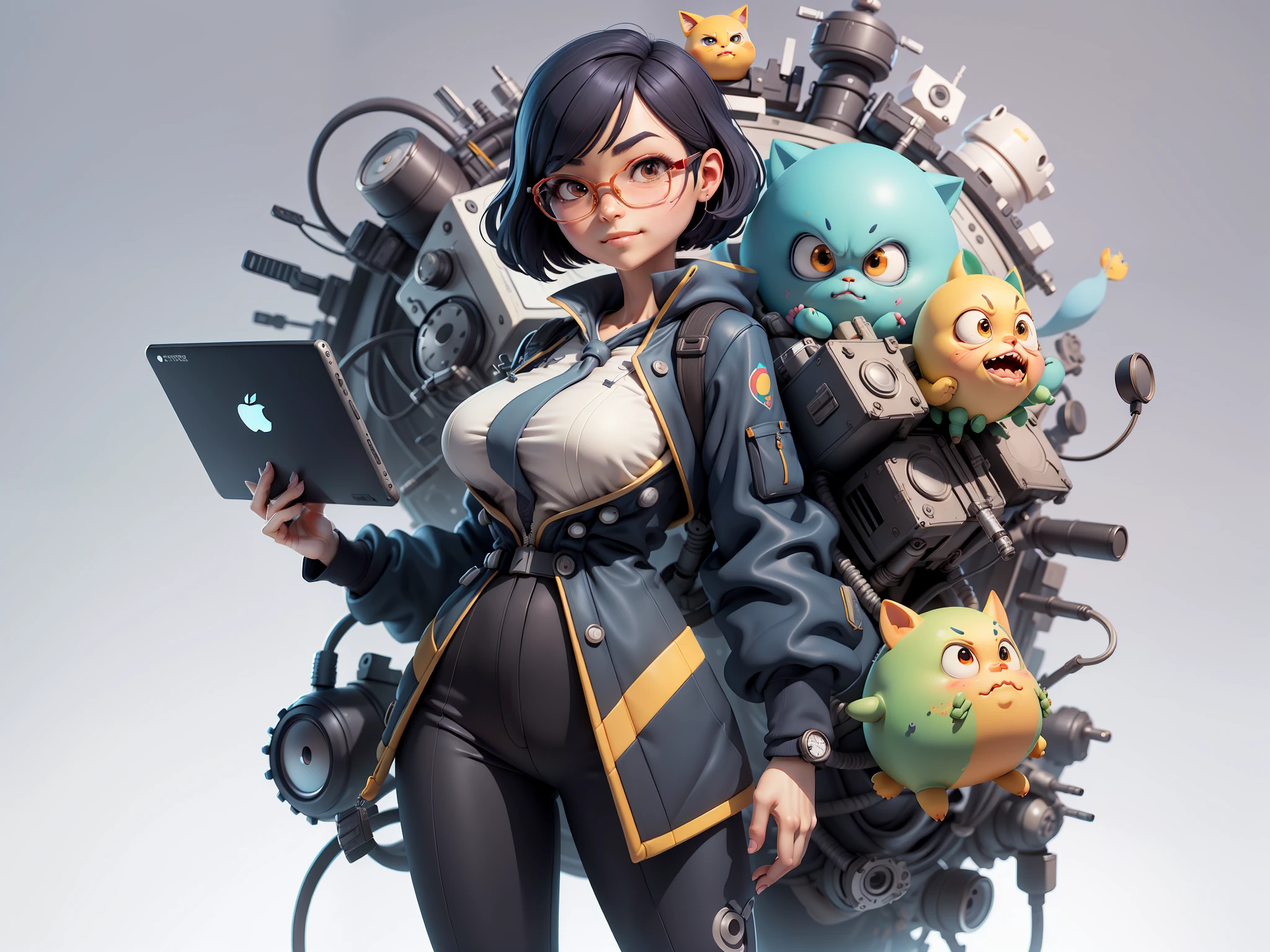 (Masterpiece), (Excellent), (Super Meticulous), (Full Body: 1.2), Super Young Woman, Beautiful, Sexy, Bursting, Oriental Face, TV Anchor, Bust Portrait Illustration, Alone, Black Suit, Blue Tie, Silver Glasses, Slightly Chubby Face, Very Clean Face, No Beard, Black Super Short Hair, Black Eyes, Confident Smile, 3c Computer Sub-Products, iPad, iPhone, Digital Painting, 3D Character Design by Mark Claireldon and Pixar and Hayao Miyazaki, The illustration is a high-definition illustration in 4K resolution with very detailed facial features and cartoon-style visuals.