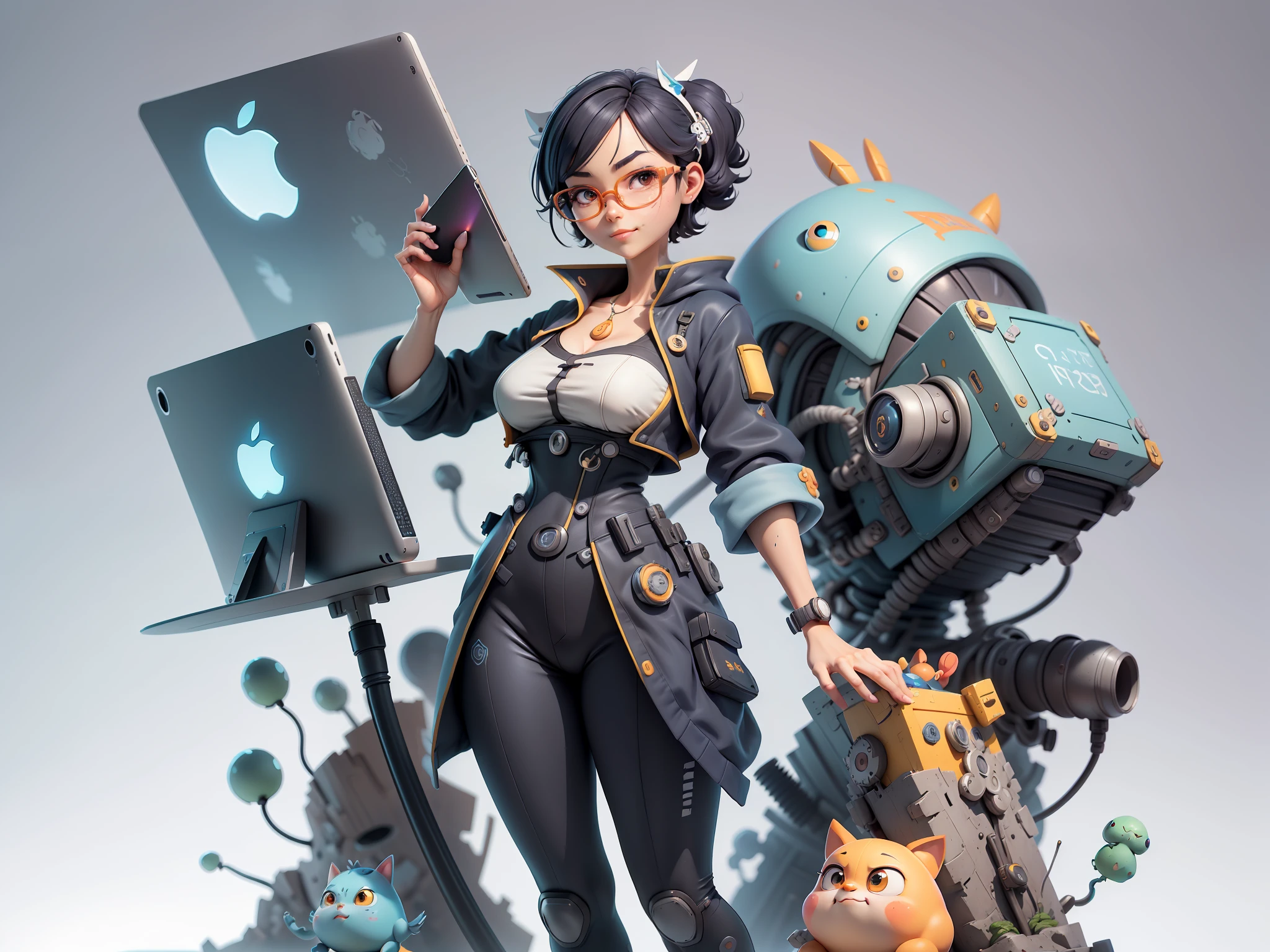 (Masterpiece), (Excellent), (Super Meticulous), (Full Body: 1.2), Super Young Woman, Beautiful, Sexy, Bursting, Oriental Face, TV Anchor, Bust Portrait Illustration, Alone, Black Suit, Blue Tie, Silver Glasses, Slightly Chubby Face, Very Clean Face, No Beard, Black Super Short Hair, Black Eyes, Confident Smile, 3c Computer Sub-Products, iPad, iPhone, Digital Painting, 3D Character Design by Mark Claireldon and Pixar and Hayao Miyazaki, The illustration is a high-definition illustration in 4K resolution with very detailed facial features and cartoon-style visuals.