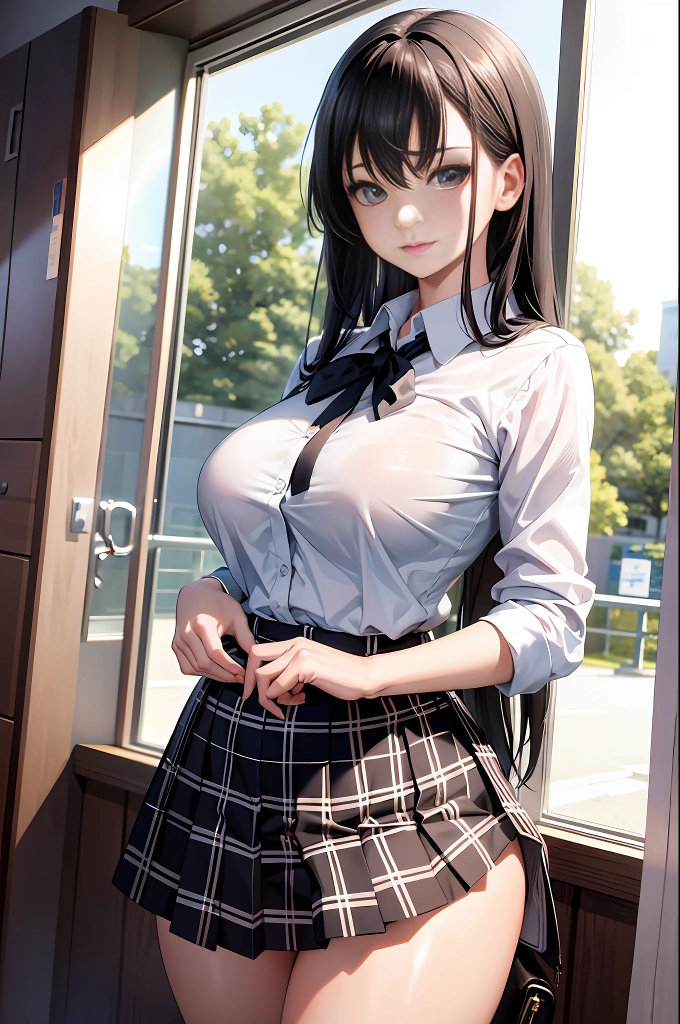 High school girl in white blouse and green checked skirt, green checked skirt, untied long black hair, pinched eyes, long eyelashes, well-styled and quite large breasts, white underwear with skirt flipped up, posing with large breasts for emphasis, naughty large breasts, naughty thighs, naughty Anime style, beautiful anime school girl, surrealistic school girl, surrealistic school girl, enchanting anime girl, realistic school girl, emphasized big breasts, naughty anime style, naughty thighs, naughty thighs, smooth anime CG art, surrealistic school girl, surrealistic school girl, Enchanting anime girl, realistic high school girl, smooth anime cg art, anime girl, beautiful anime high school girl, beautiful anime girl, beautiful charming anime teen, naughty anime style, photorealistic anime girl renderings