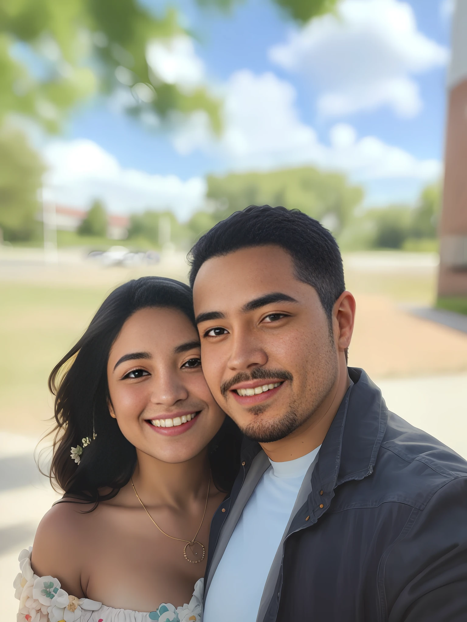 There is a man and a woman who are posing for a photo, couple, happy couple, 8K portrait shot, couple portrait, 8k selfie photography, couples portrait, profile picture, smiling couple, two-person portrait, 4k post, 4K post, wide-angle portrait, photo, taken with Sony Alpha 9, Hispanic, filmed on the Nikon Z9 anime version