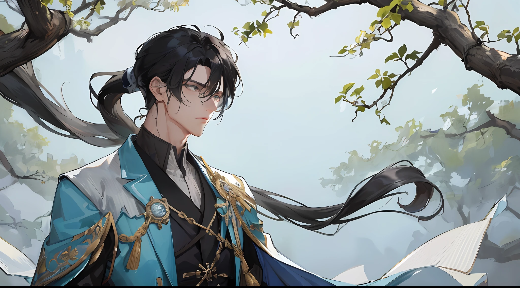 Masterpiece, Superb quality, chinoiserie, ancient man, black hair, gray-blue eyes, long split ends, long bangs + high ponytail, both handsome and masculine, quiet and gentle, tall, cyan robe, outdoor scene, with cape, embellishment of branches, breeze blowing, young man, steady expression, solo, solo