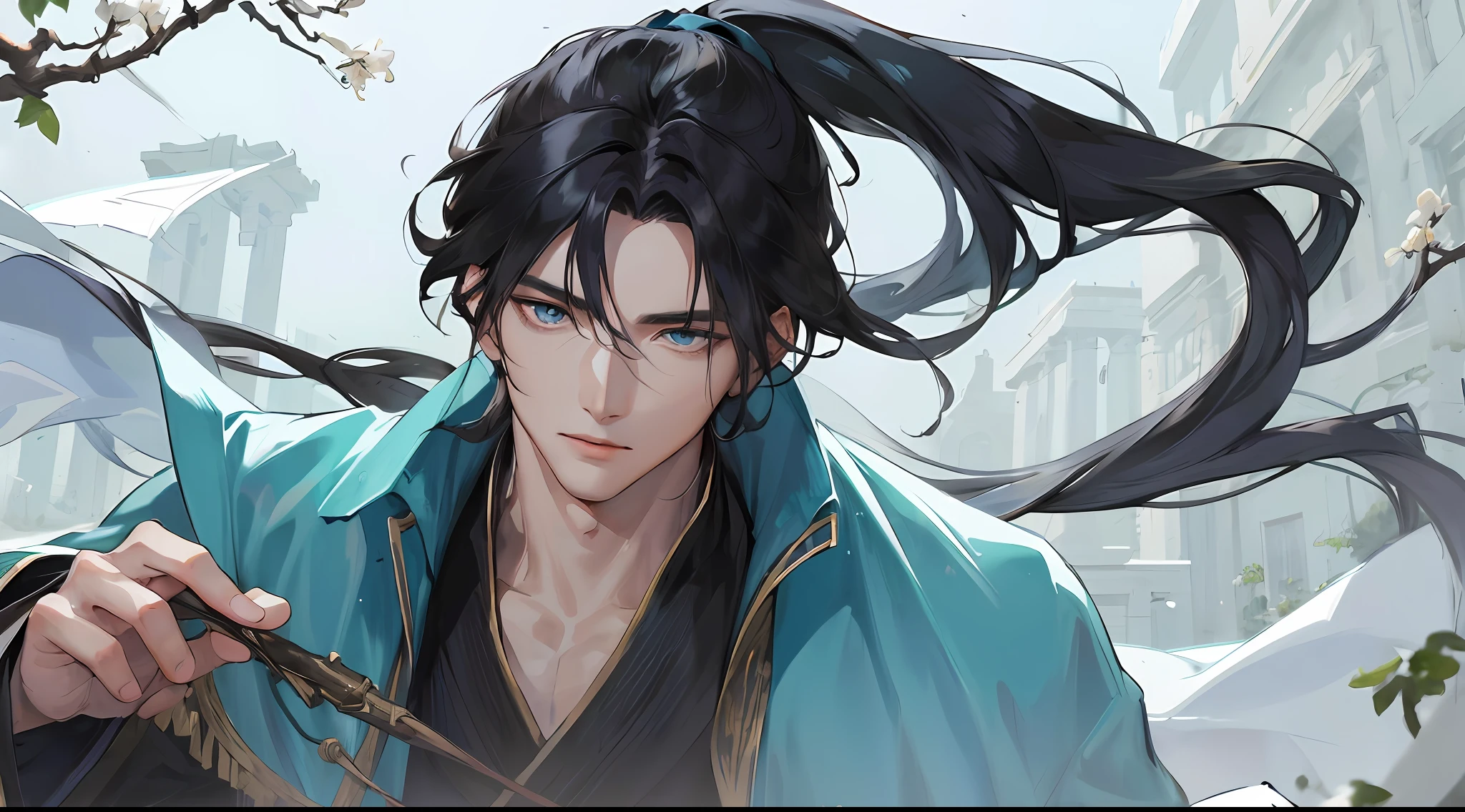 Masterpiece, Superb quality, chinoiserie, ancient man, black hair, gray-blue eyes, long split ends, long bangs + high ponytail, both handsome and masculine, quiet and gentle, tall, cyan robe, outdoor scene, with cape, embellishment of branches, breeze blowing, young man, steady expression, solo, solo