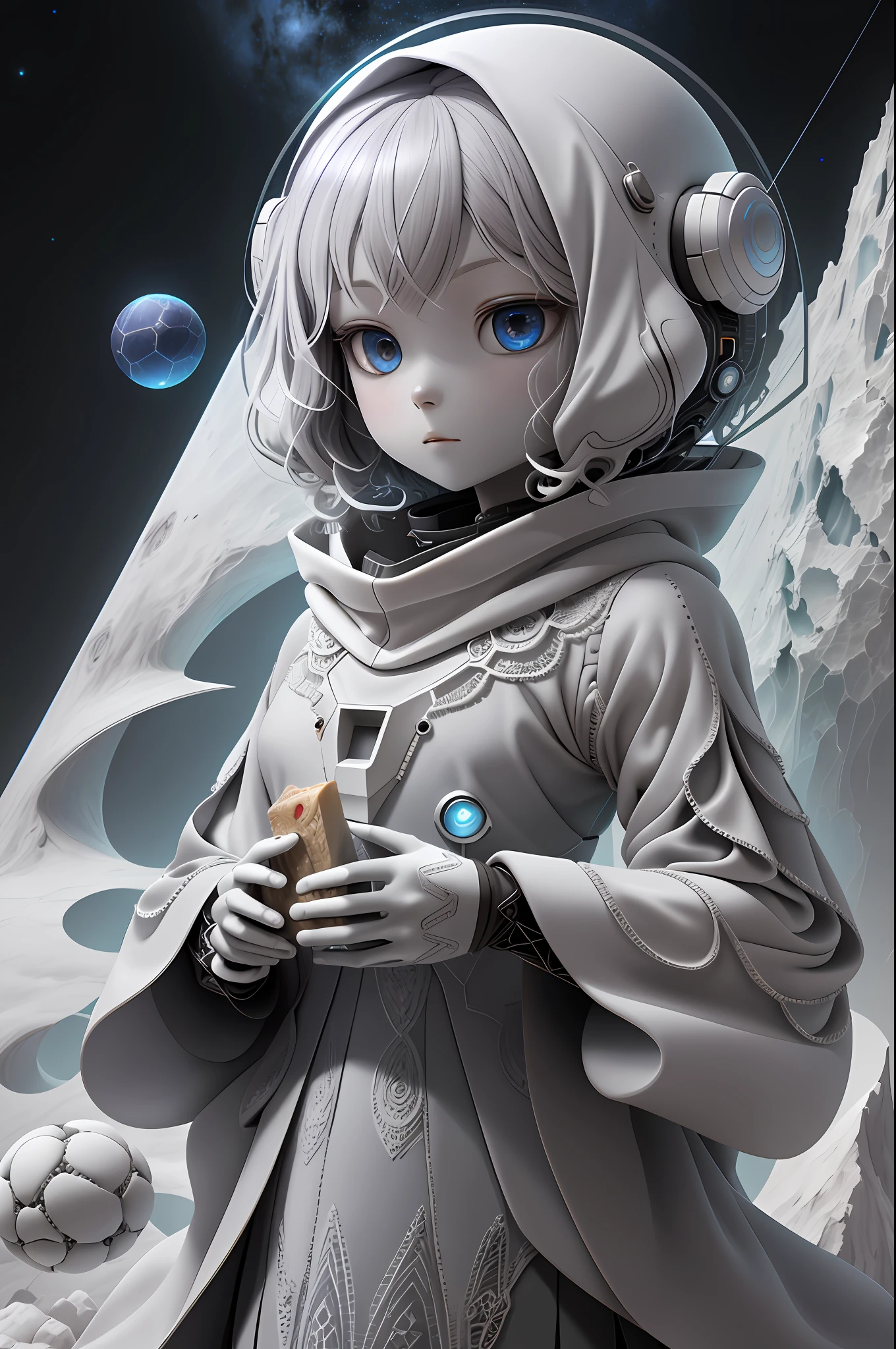visual spectral radio wave signals emission fused with organic form structure, subsonic spectrum, gray clay cluster, Fibonacci fractal, geometric design, very fine and thin lace, Orenburg shawl, marble purgatory, wuthering atmosphere, aesthetic redshift render, chibi astronaut with Karavai bread in hands