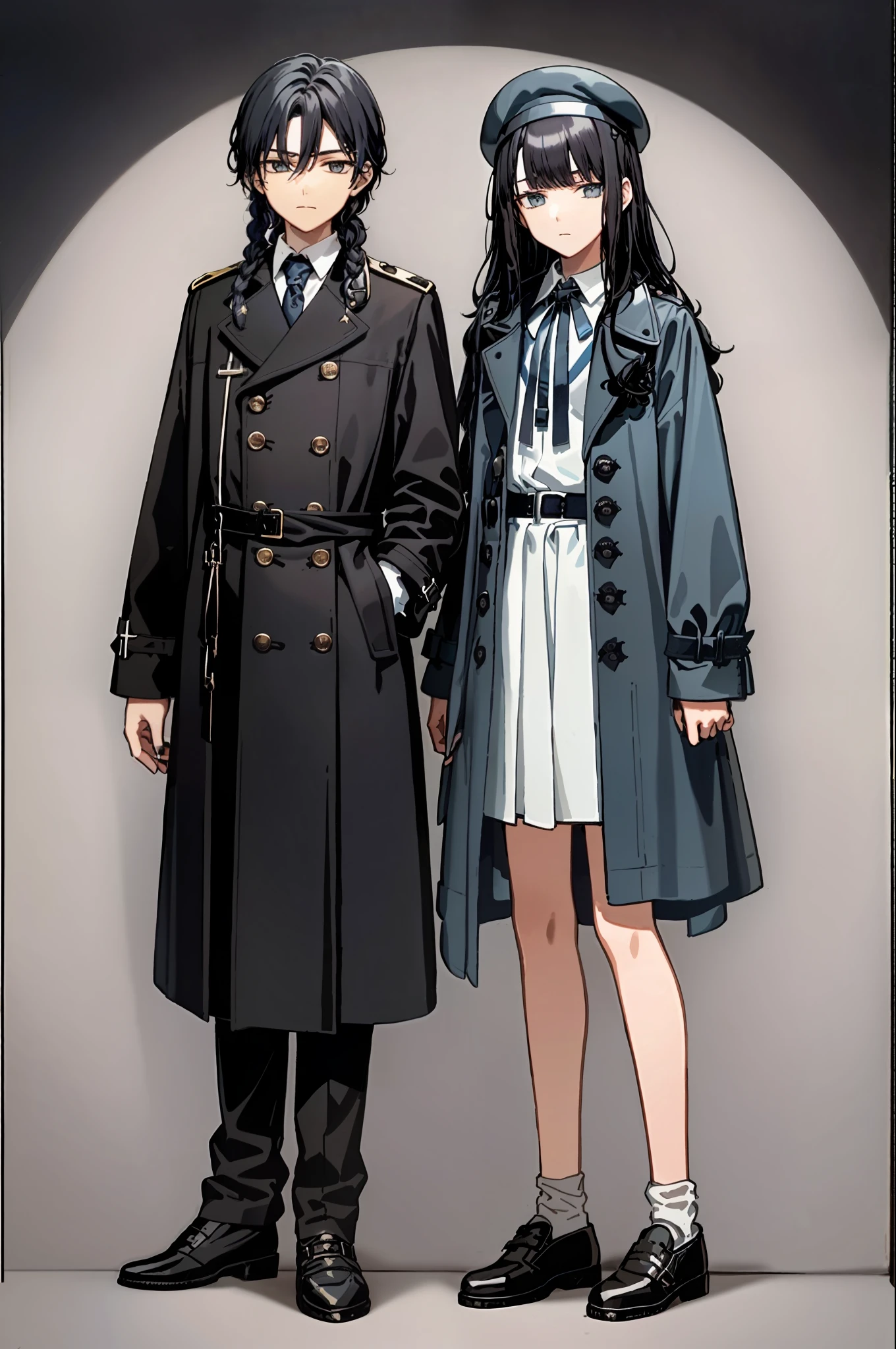 Tarot cards, black-haired teenager with a small braid, blue berets, knee-length blue long-sleeved trench coat, open coat, white shirt, brown shorts, brown leather shoes, black tie, young age