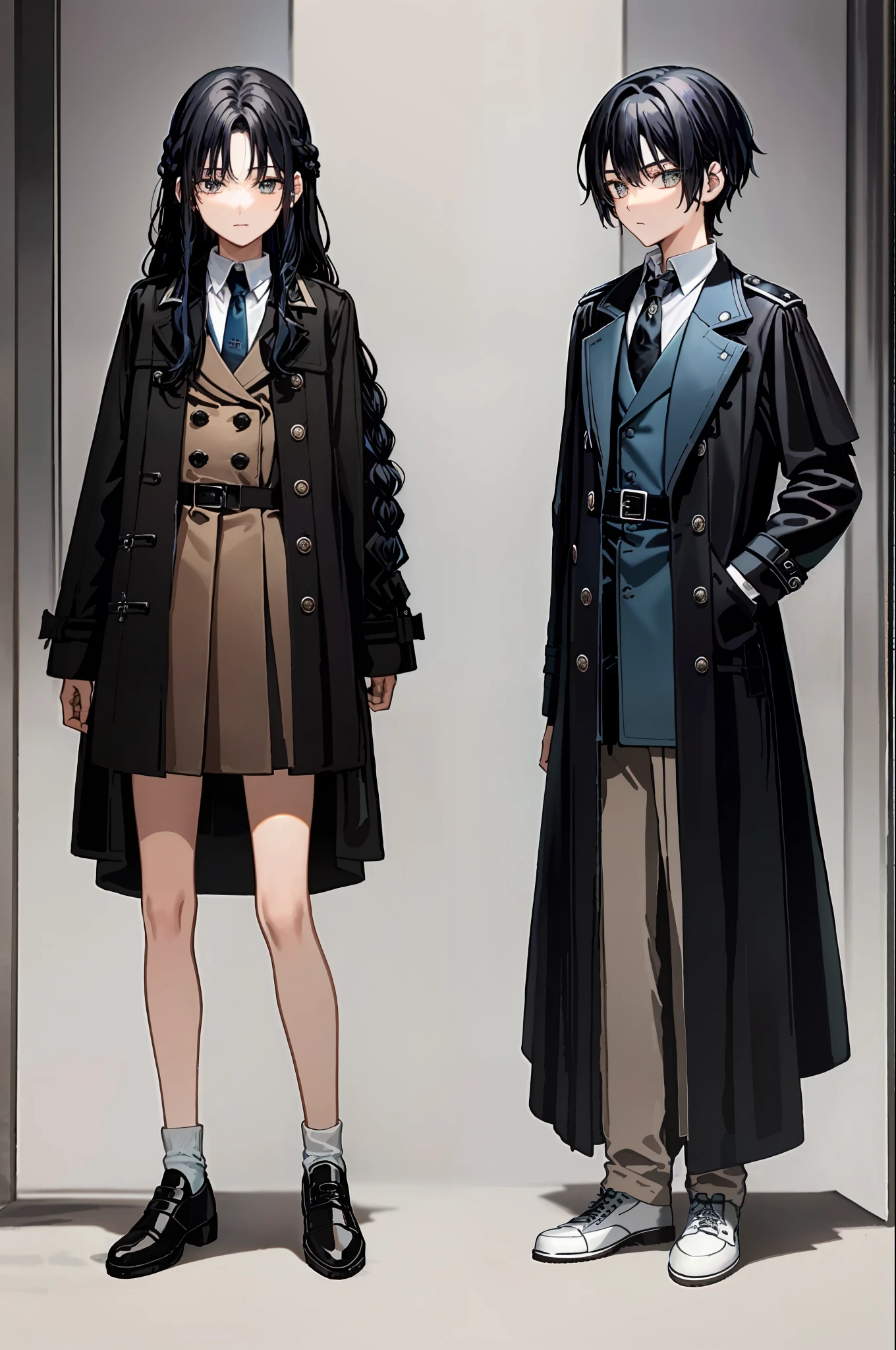 Tarot cards, black-haired teenager with a small braid, blue berets, knee-length blue long-sleeved trench coat, open coat, white shirt, brown shorts, brown leather shoes, black tie, young age