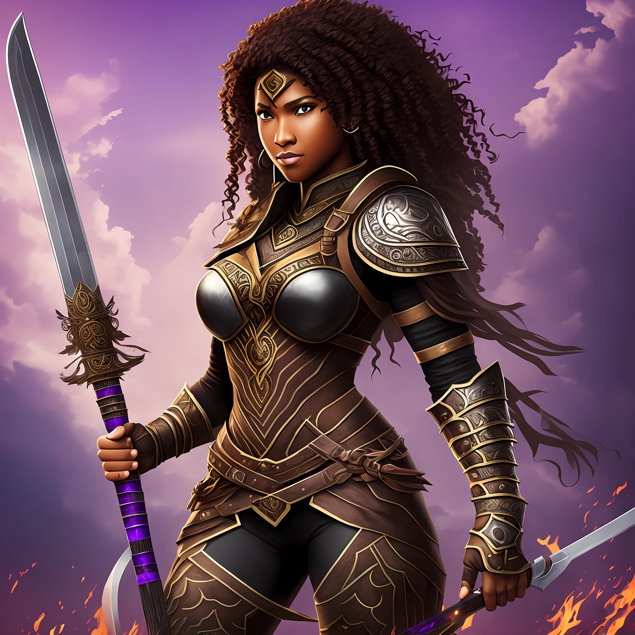 Warrior (woman) with brown skin, brown and curly hair with a black armor and black pants and purple eyes (full body) with a katana