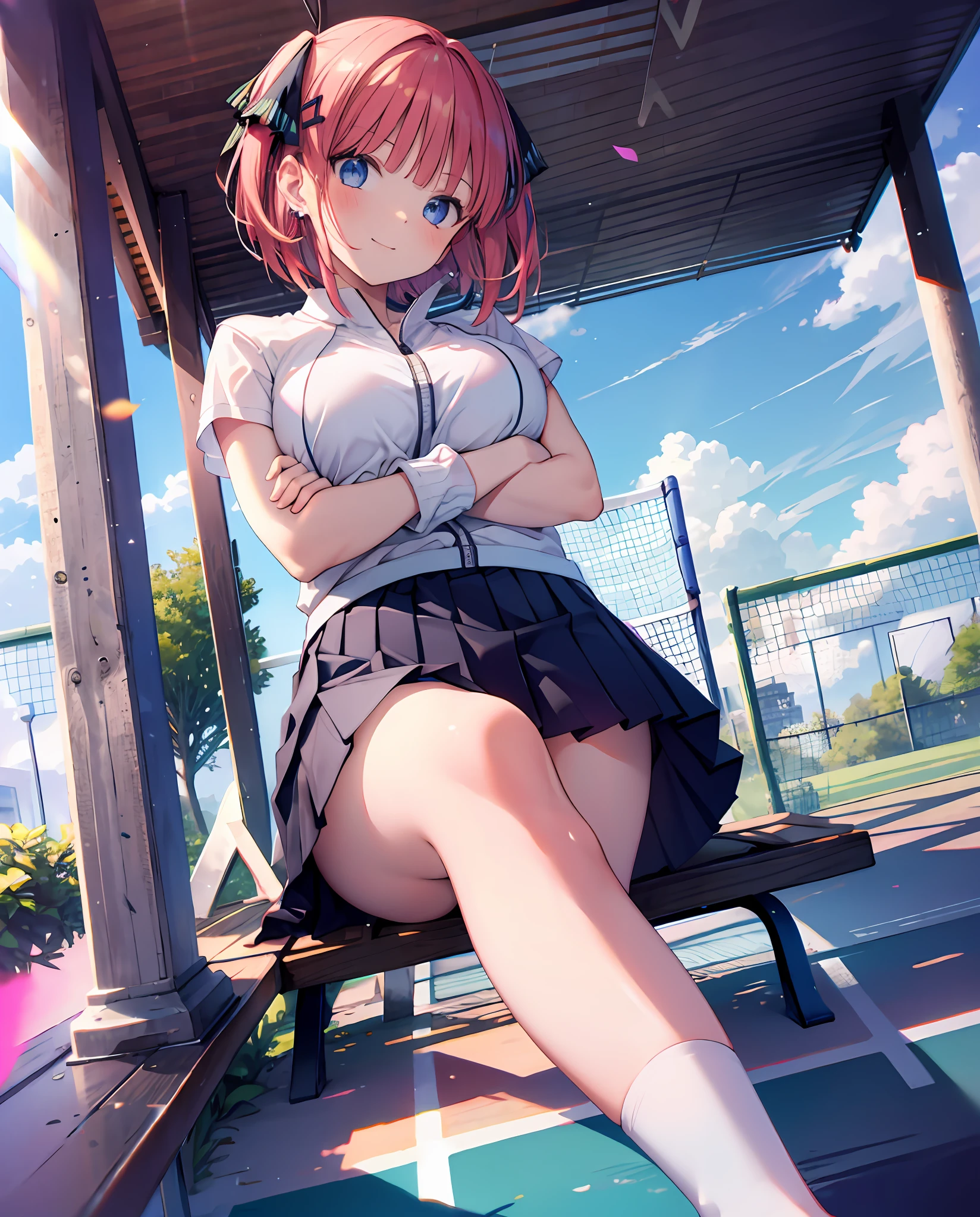 absurdres, highres,
BREAK
looking at viewer, full body, (from below:1.5)
BREAK
(vivid-color:1.3)
BREAK
(one girl:1.3), (:1.2),red hair, blue eyes, tennis uniform, hairclip, earrings, jewelry, nm1, hair ribbon, short hair, tennis cosplay, (pleated super short skirt:1.4), (thighs:1.3), large breasts, (evil smile:1.3), open mouth, (folding one's arms:1.3), (breast:1.3), round eyes, (blowing in the wind:0.5), sweat around girl, dripping sweat, (sit on a bench:1.3), (bare feet:1.3), (foot focas:1.2),spread legs,looking down,looking at viewer, perfect foot,from below ceiling, breath, pov, (shiny skin:1.1), squall (wind:1.2), sense of speed, refreshing breeze, motion blur effect, wind
BREAK
background is (tennis court:1.3), (Stand in the center of the screen:1.3), (10,000 people spectators:1.3), multiple people behind you, blue sky with clouds, outdoors, (magnificent panorama view:1.2), wind
BREAK
sunlight, magnificent view, rainbow in the sky, light particles, dynamic angle, dutch angle, perspective
BREAK
(daytime, sunbeam:1.2), depth of field, bokeh, light leaks, (chromatic aberration:1.2), noon
BREAK