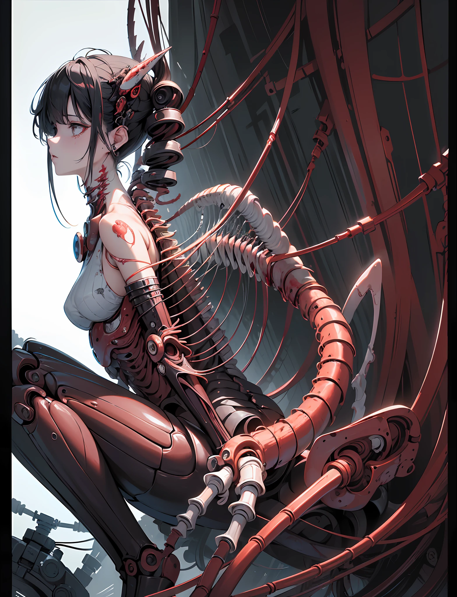 (masterpiece, top quality, best quality, official art, beautiful and aesthetic:1.2), (1girl:1.3), extreme detailed,colorful,highest detailed ((ultra-detailed)), (highly detailed CG illustration), ((an extremely delicate and beautiful)),(from side),cinematic light,((1mechanical girl)),solo,full body,(machine made joints:1.2),((machanical limbs)),(blood vessels connected to tubes),(mechanical vertebra attaching to back),((mechanical cervial attaching to neck)),(sitting),expressionless,(wires and cables attaching to neck:1.2),(wires and cables on head:1.2)(character focus),science fiction,white background,(blood:1.5)
