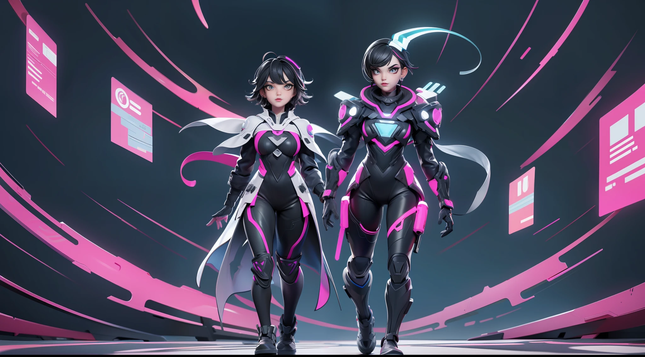 full body picture Unreal Engine 5 8K UHD of beautiful girl, black short hair, wearing futuristic black tight battle suit, half face cyberpunk mask, futuristic neck collar, beauty makeup, walking with a handsome guy, best quality, masterpiece