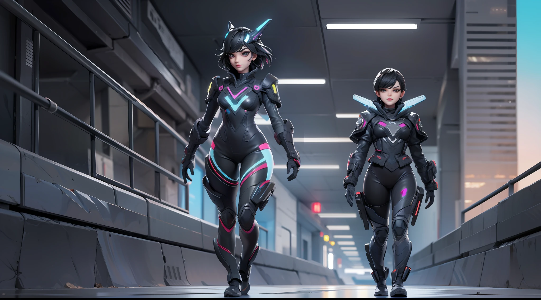 full body picture Unreal Engine 5 8K UHD of beautiful girl, black short hair, wearing futuristic black tight battle suit, half face cyberpunk mask, futuristic neck collar, beauty makeup, walking with a handsome guy, best quality, masterpiece