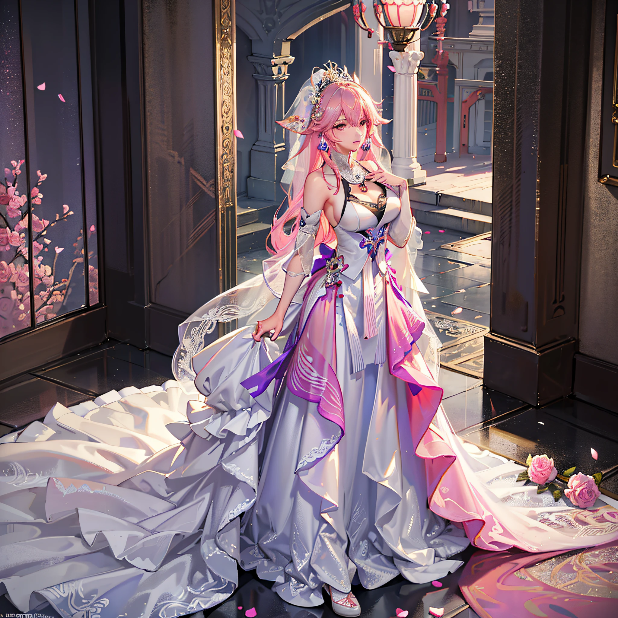 Neon,full body,Genshin Impact:Yae Miko,(((Wearing palace wedding dress, Long skirt, large hem,Fabric: Chiffon ))), in Pink Rose Castle, Masterpiece,best quality,extremely detailed 3DCG, Cinema-4D ,8k,Photorealistic, ( ##tattoo ##,tattoo, ~+ tattoo), (erfect female curves),(A seductive gaze), Facing the camera, Pink lips,Blacklight lighting,