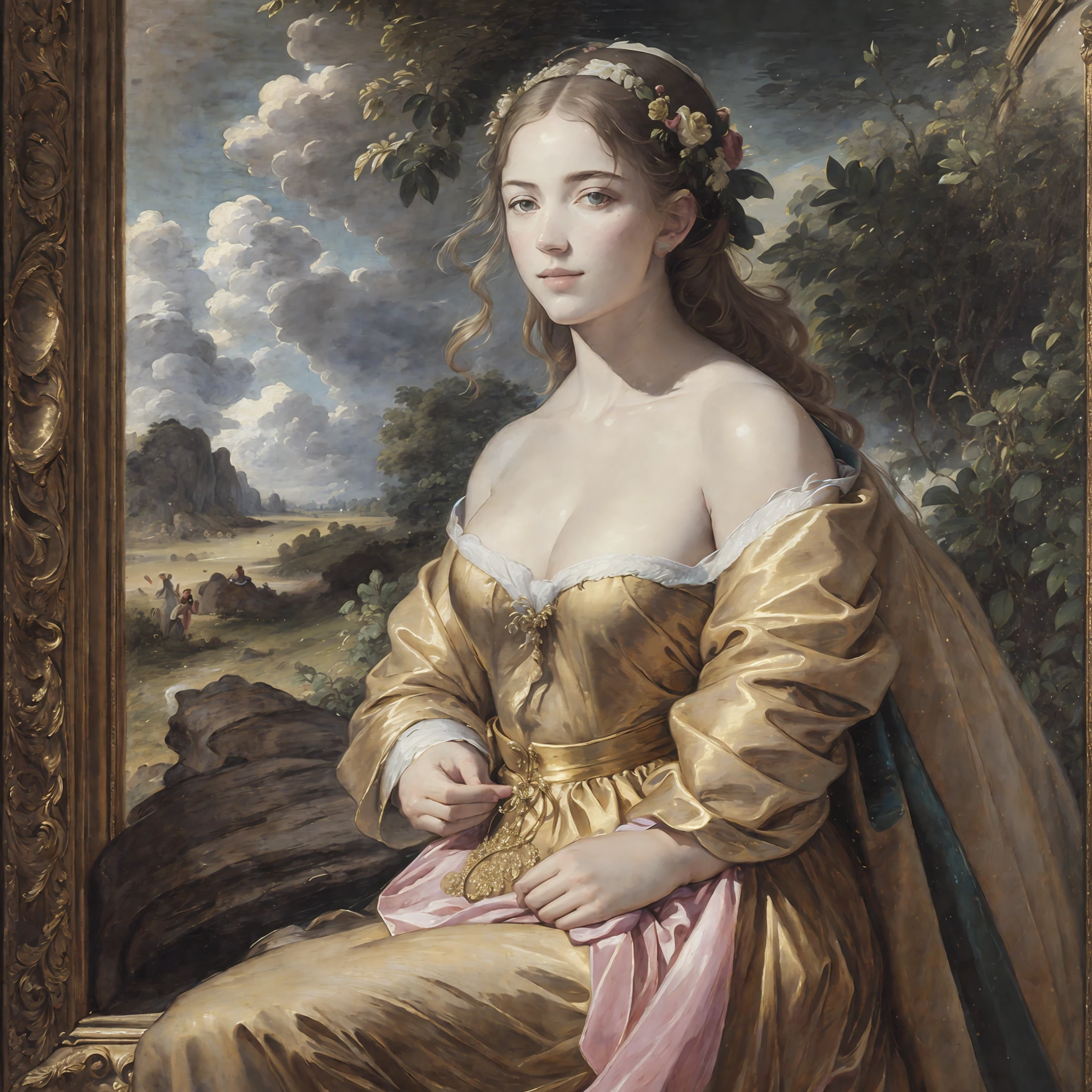 painting of a woman in a golden dress sitting in a landscape, by William Dobson, inspired by Cornelis Claesz van Wieringen, inspired by Johannes Cornelisz Verspronck, inspired by Jan van de Cappelle, by Johannes Cornelisz Verspronck, inspired by Pieter Cornelisz van Slingelandt, hands