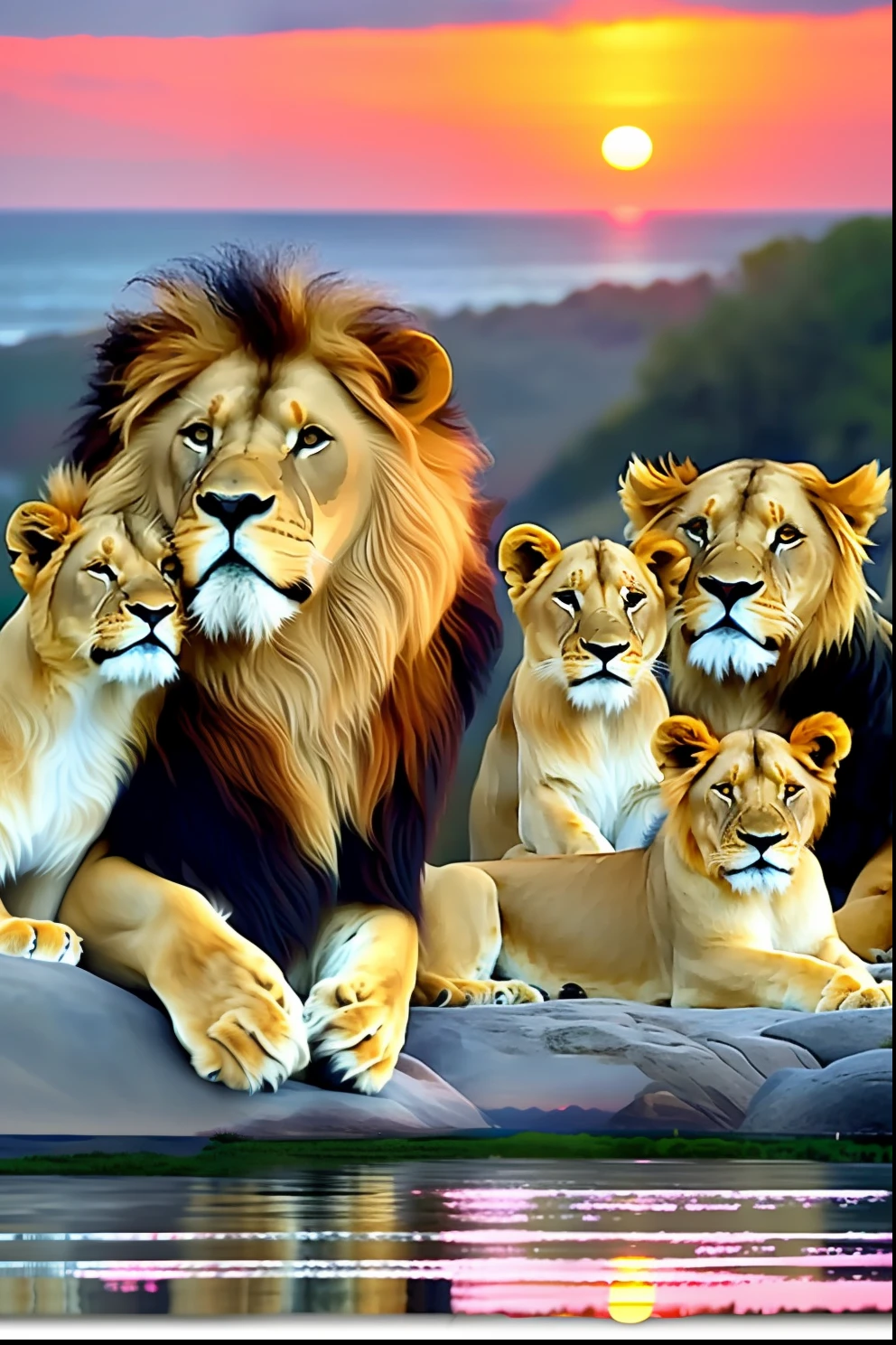 a group of lions resting on a rock with a sunset in the background, lions, family portrait, by László Balogh, proud look, 64x64, majesty, inspiring, by derek zabrocki, happy family, 1080p, high image quality, high quality printing, amazing art, ap art, high definition art.