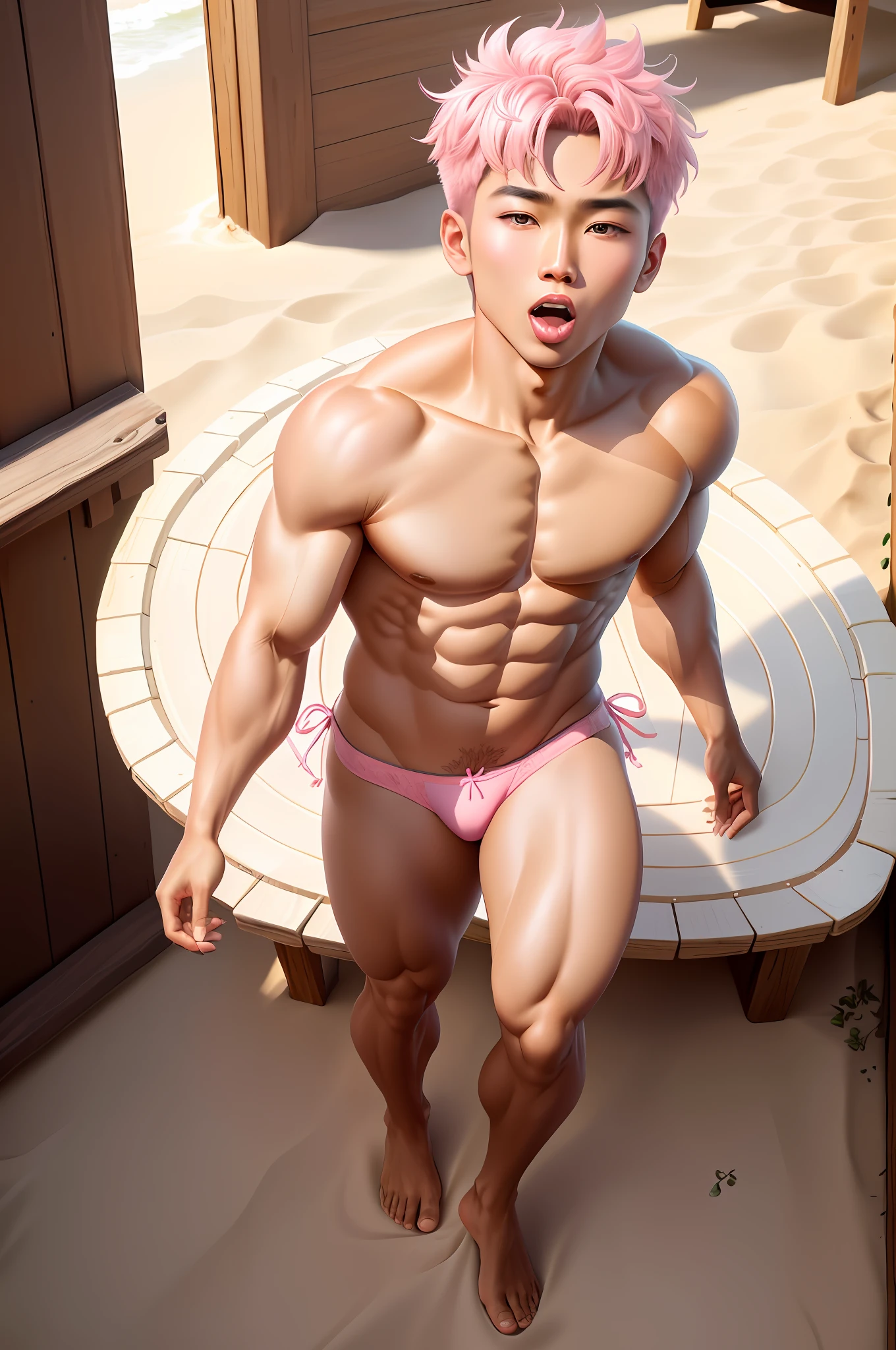 Size 1: 3.oppav3, Asian tanned (masterpiece, ultra quality, high resolution, 8k, intricate: 1.4), (detailed face: 1.3), beautiful, young Korean, white skin, double eyelids, detailed skin, 1boy, ((realistic)), abdominals, good lighting quality, muscle veins, ((pink skin), flexion, (tongue out and mouth open: 1.3), (eyes looked up: 1.6), (tongue drooling: 1.5), lust face,  full body, female, shirtless, full body, pink underwear, beach