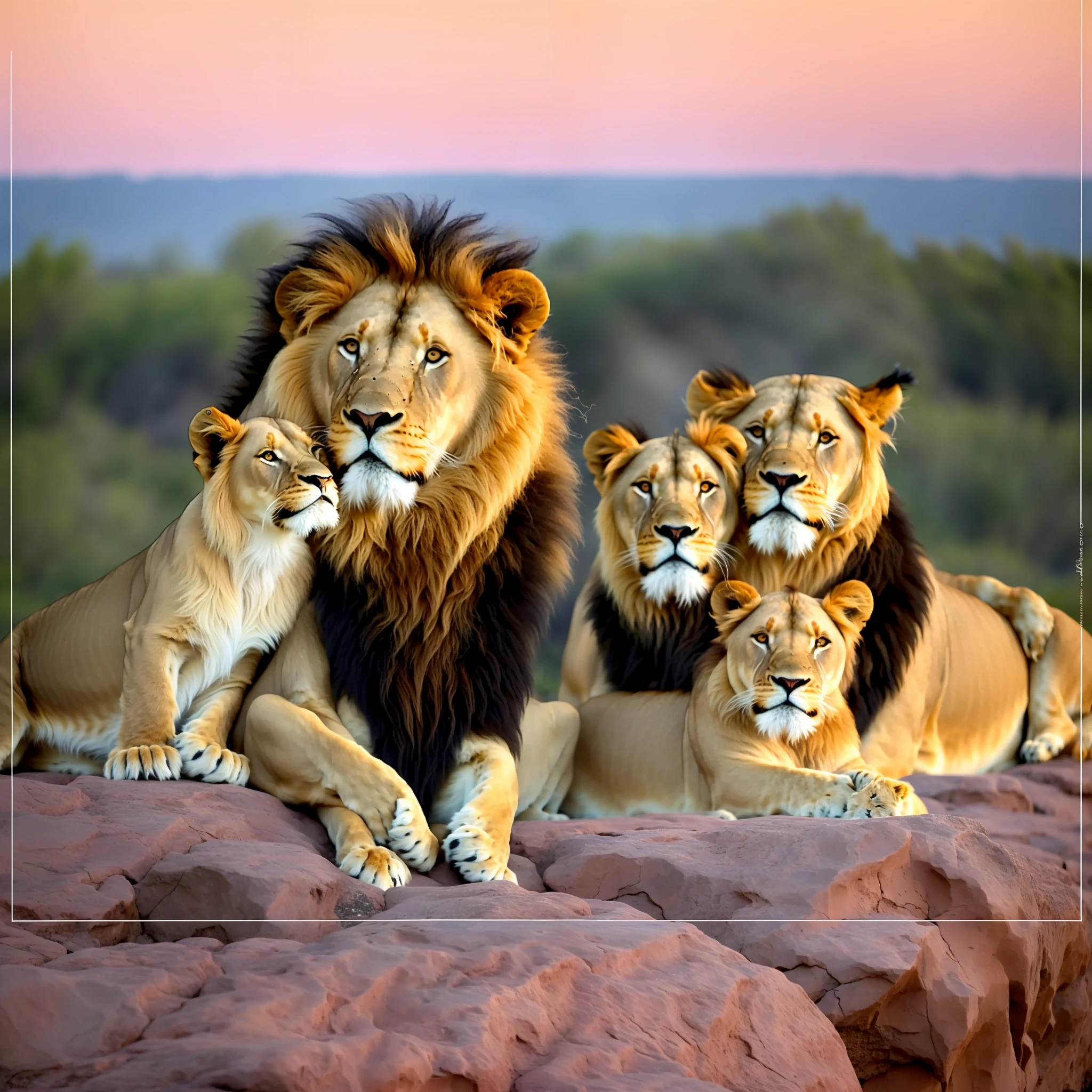 a group of lions resting on a rock with a sunset in the background, lions, family portrait, by László Balogh, proud look, 64x64, majesty, inspiring, by derek zabrocki, happy family, 1080p, high image quality, high quality printing, amazing art, ap art, high definition art.