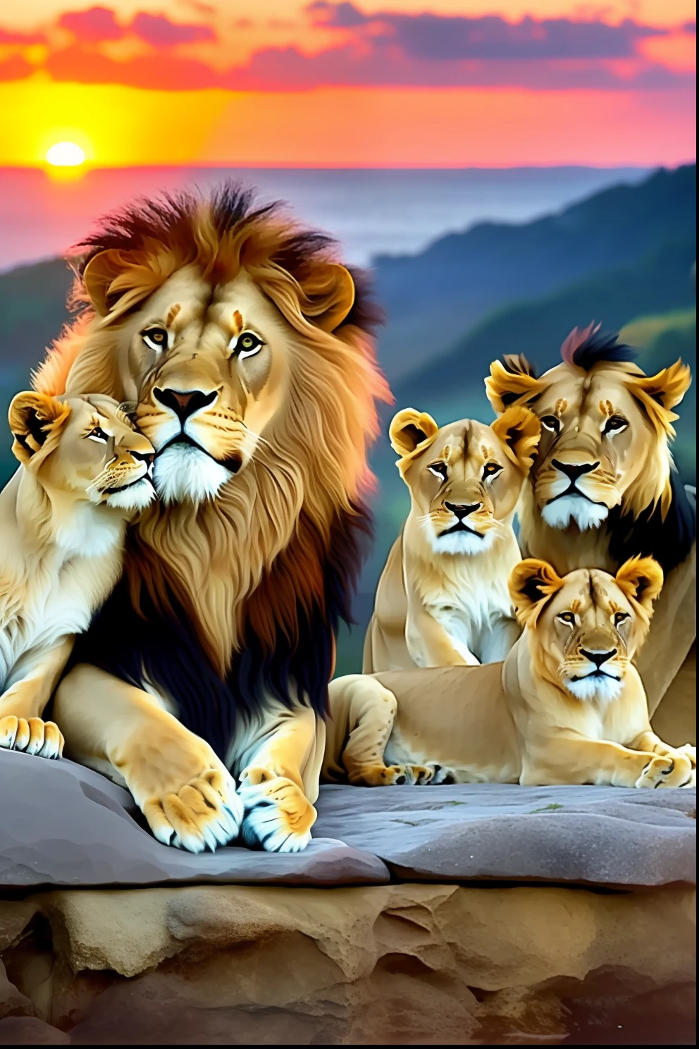 a group of lions resting on a rock with a sunset in the background, lions, family portrait, by László Balogh, proud look, 64x64, majesty, inspiring, by derek zabrocki, happy family, 1080p, high image quality, high quality printing, amazing art, ap art, high definition art.