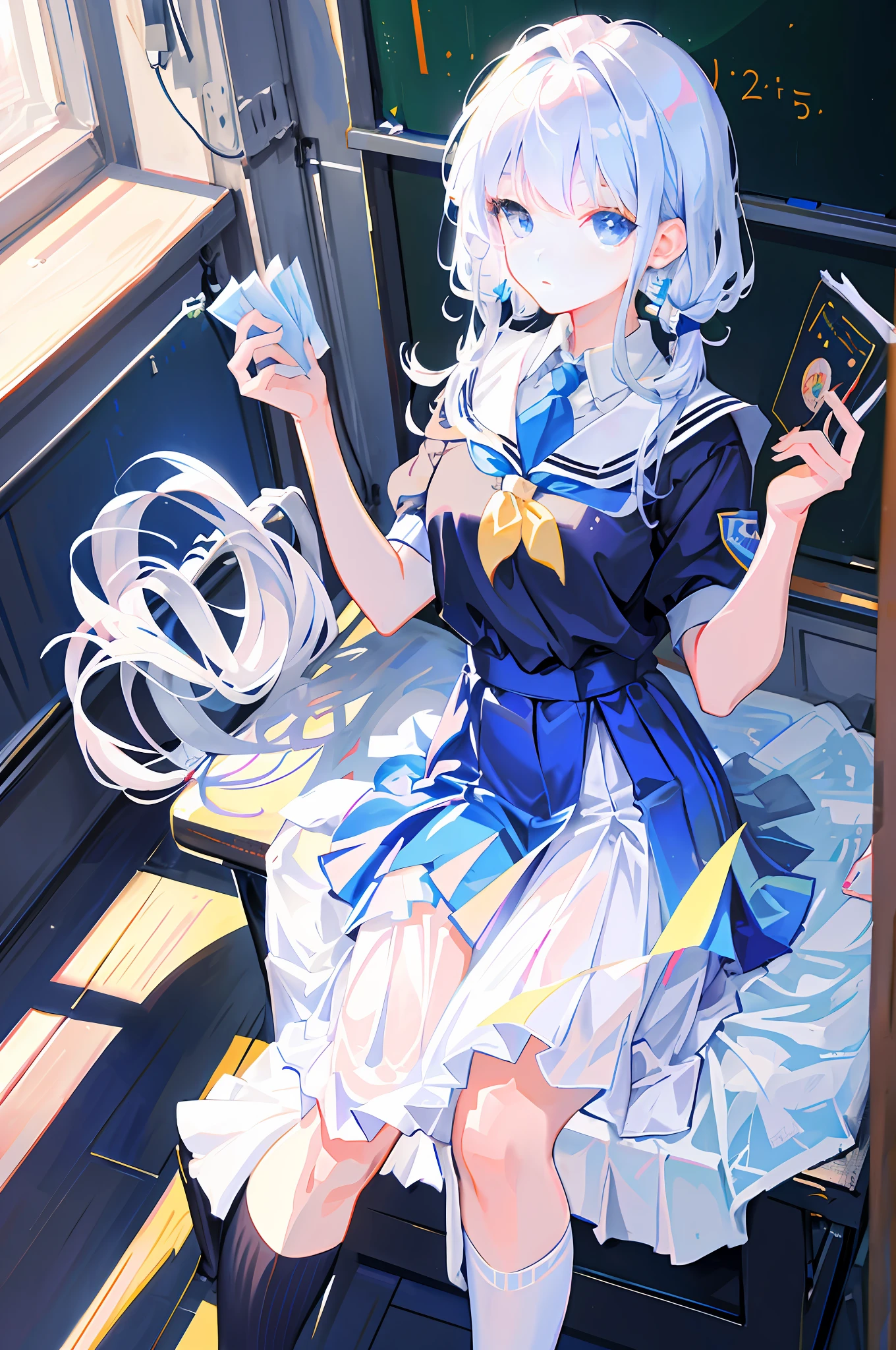 (Masterpiece, Best Quality: 1.4), Ultra Detailed, Illustration, (Solo, 1girl, : 1.2), Classroom, School Uniform, Girl with White Hair, Blue Eyes