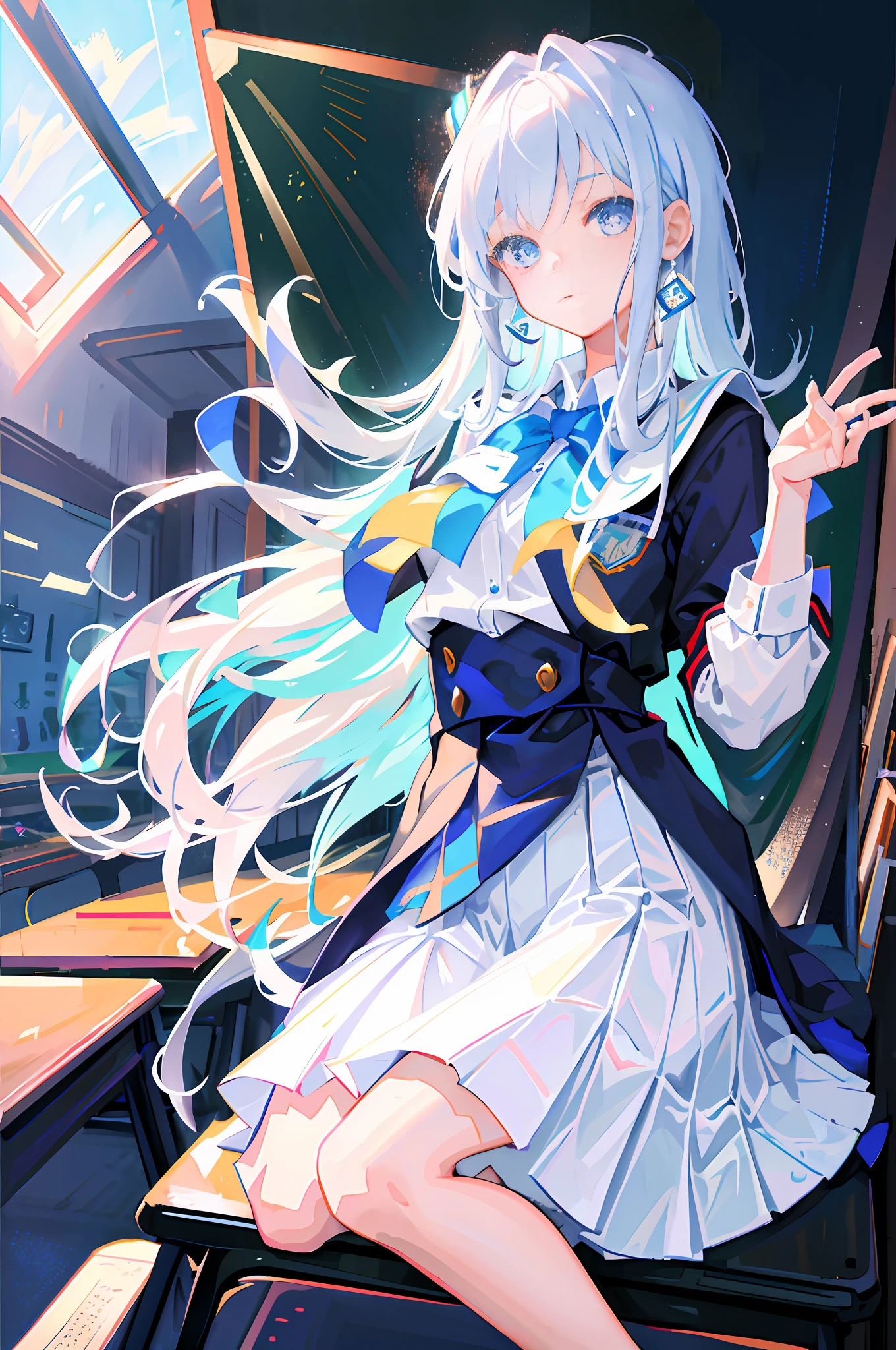 (Masterpiece, Best Quality: 1.4), Ultra Detailed, Illustration, (Solo, 1girl, LOLI: 1.2), Classroom, School Uniform, Girl with White Hair, Blue Eyes