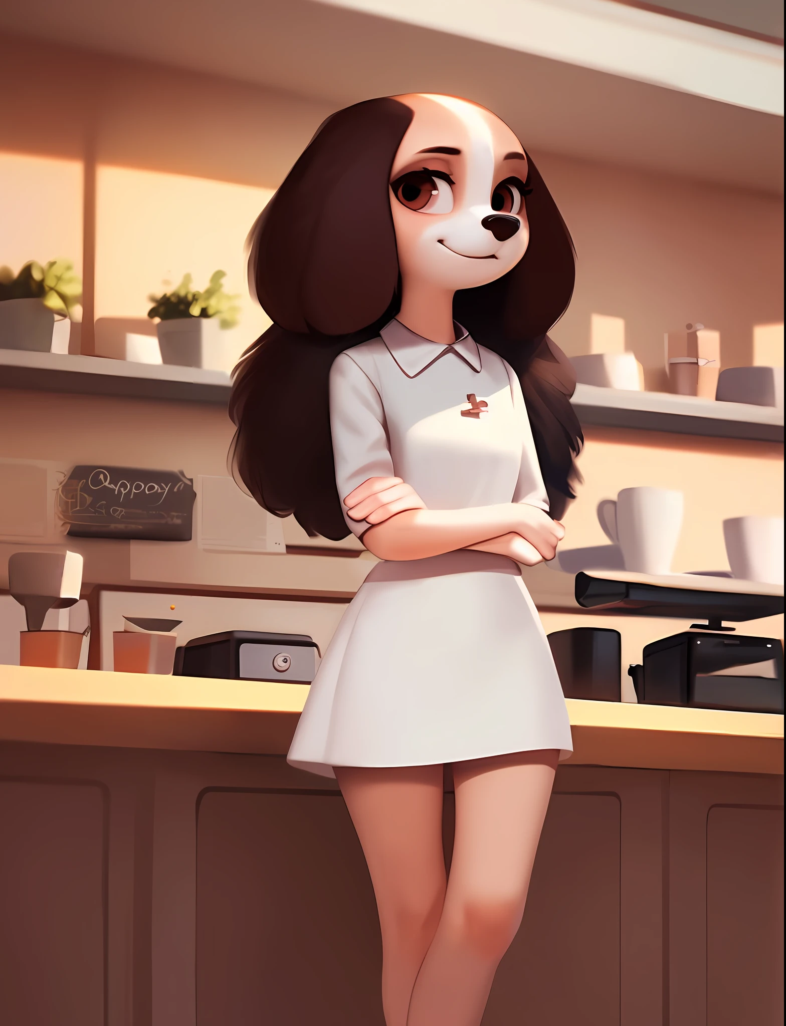 (by qupostuv35:1.0), female ((anthro, humanoid)), [(thin:1.1) : small petite : (spaniel:1.2):4], (Detailed face), (anthropomorphic legs, anthropomorphic hands:1.1), (solo), works in a cafe, (crosses his arms), ((smirk))