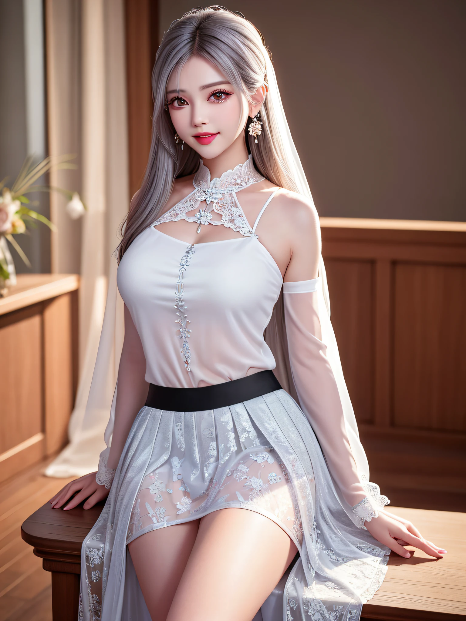Female teacher crossing legs on classroom chair v6, earrings, full body v6, long gray hair, looking, superb, ultra high definition, RAW photo, realism 1.25), (bright lip gloss, long eyelashes, smooth) face, bright skin, natural shadows, wide light, wide light, depth of field, strong color, subtle caustics: 0.8), smile, (big), v6, sexy, earrings, full body v6, long gray hair(Look, Superb (White Sheer Floral Tang Top, Black Lace Tight Skirt, Slit)), Looking, Superb, Ultra High Definition, RAW Photography, Realism 1.25), (Bright Lip Gloss, Long Eyelashes, Smooth) Face, Bright Skin, Natural Shadows, Wide Light, Wide Light, Depth of Field, Strong Colors, Subtle Caustics: 0.8), Smile, (Big), V6,