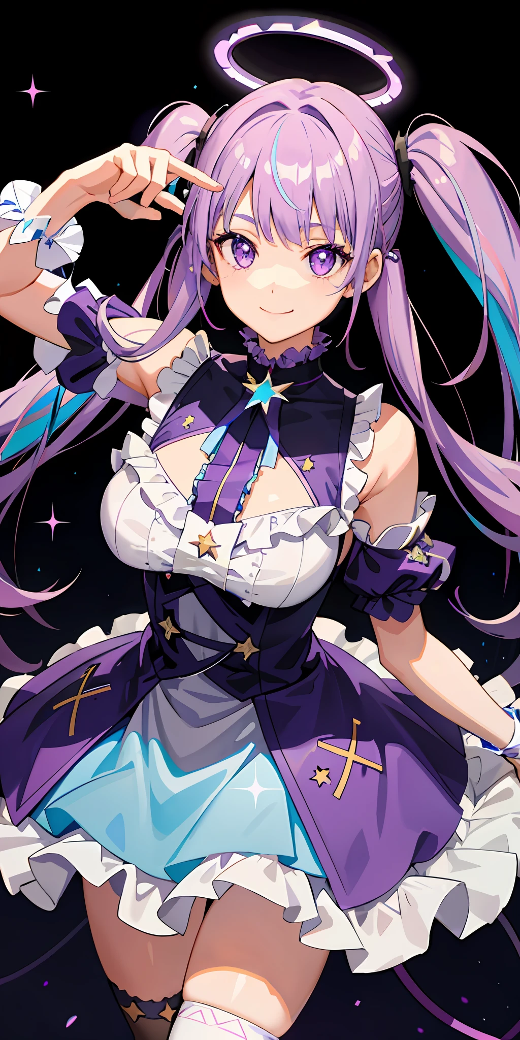 1girl, bright, light purple hair, light blue mesh, twin tails, curled hair, purple eyes, star motif, multicolored hair, saleme, head mask, side lights, light particles, wallpaper, big, plump, idol, swimsuit, loose fluffy, smile, gentle, clear, cheerful