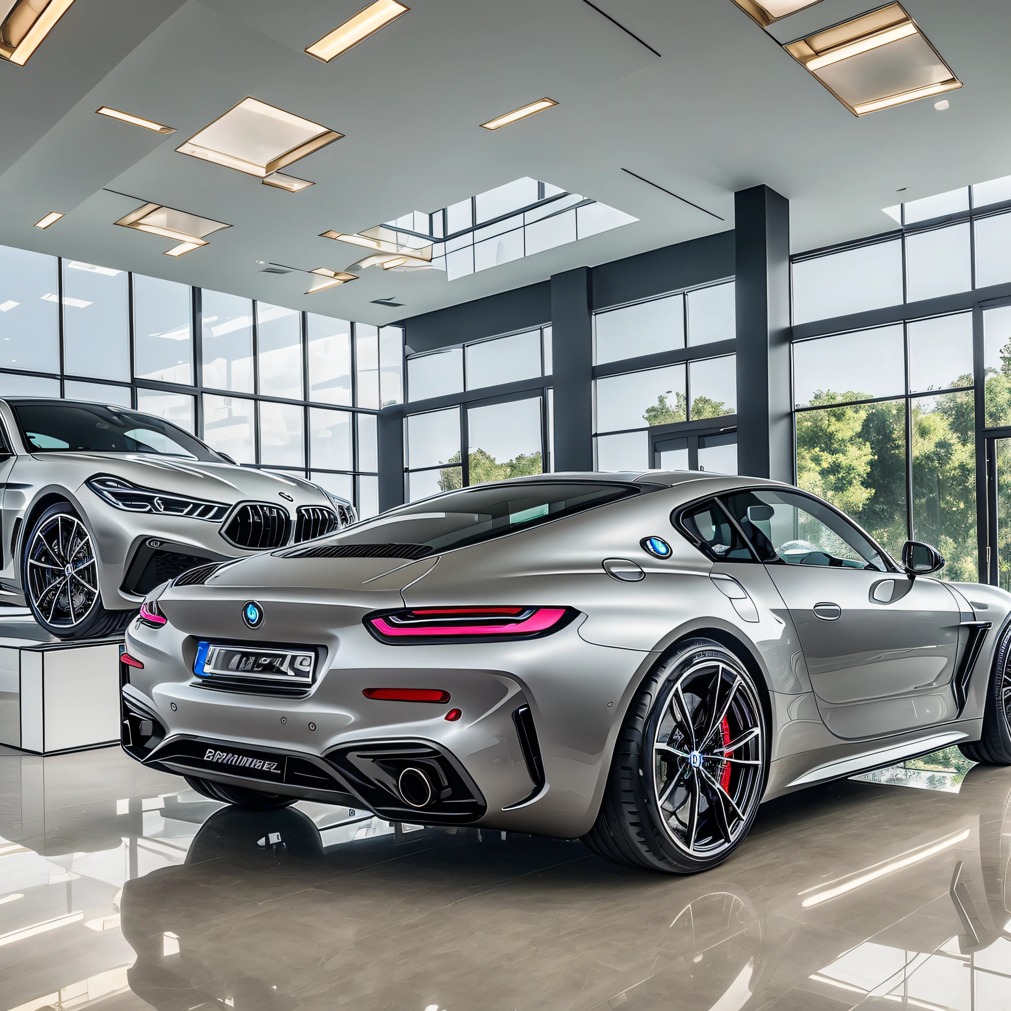 Luxurious showroom with spot lights, transmitting sophisticated and technological air with a lot of luxury and spacious, with imported sports and luxurious cars (BMW, Porsche, Mercedes, Aston Martin) 4k --auto --s2