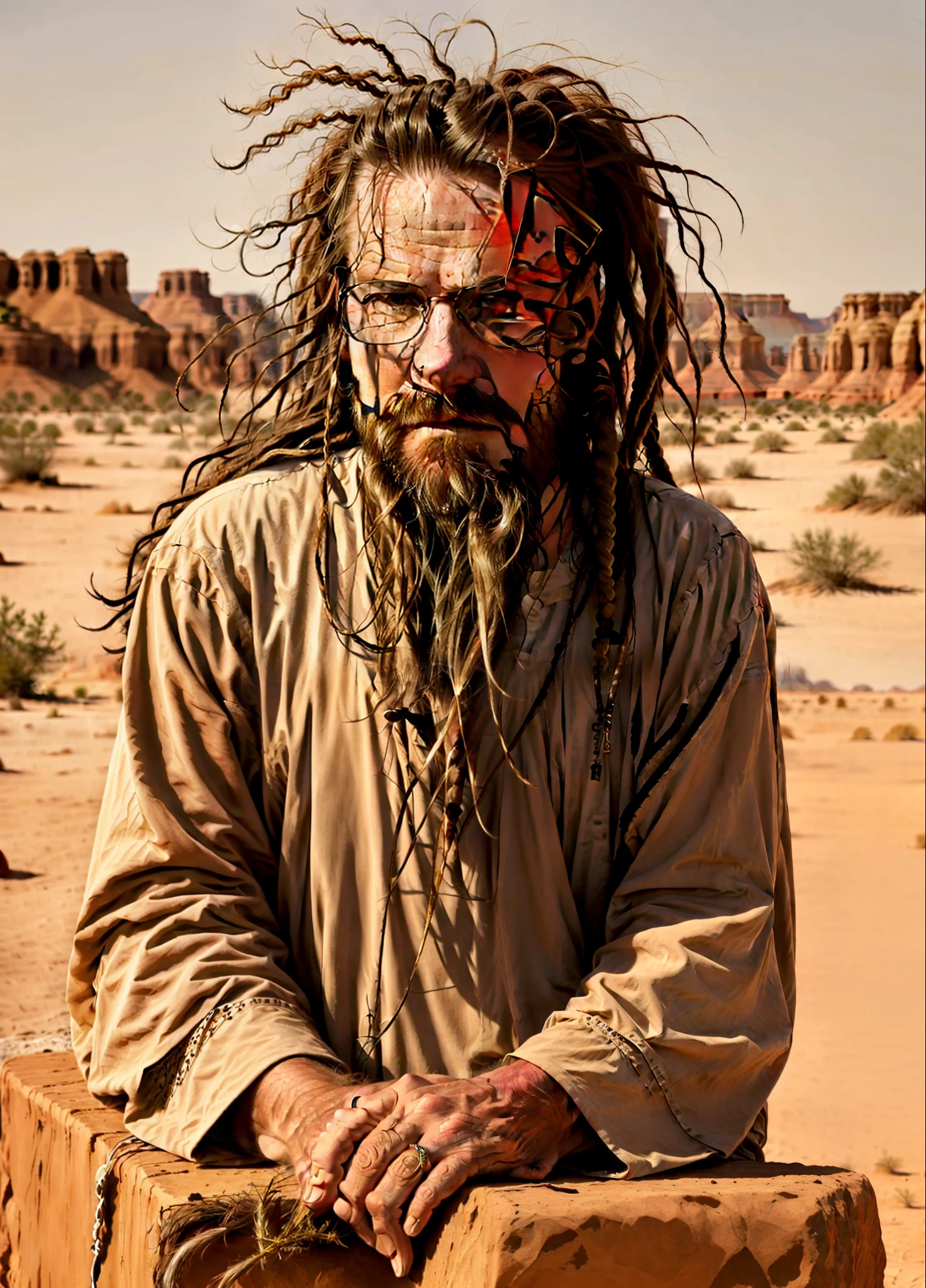 Tom Cruise man with long hair and beard sitting on a rock in the desert, long beard, very long white beard and hair, extremely long hair, portrait shot, long dreadlocks, desert nomad, otzi, dreads, long goatee beard, long brown beard, mud with dreadlocks, inspired by Martin Schoeller, tentacle beard, stefan gesell