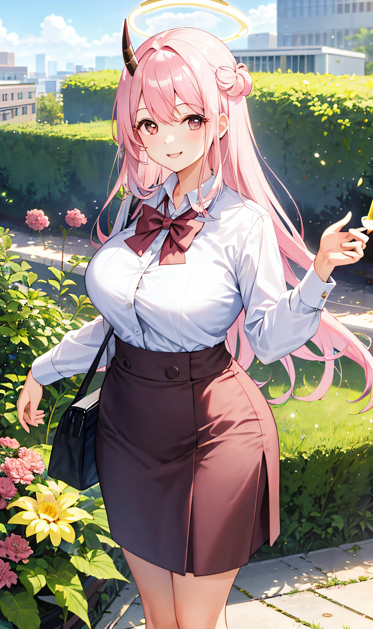 ((Masterpiece, Excellent)), (1girl), (), Light Pink Hair, Halo, Horn, ((Office Lady)), Bangs, Mid-breasted, (Plump), Slim, Smile, in the garden