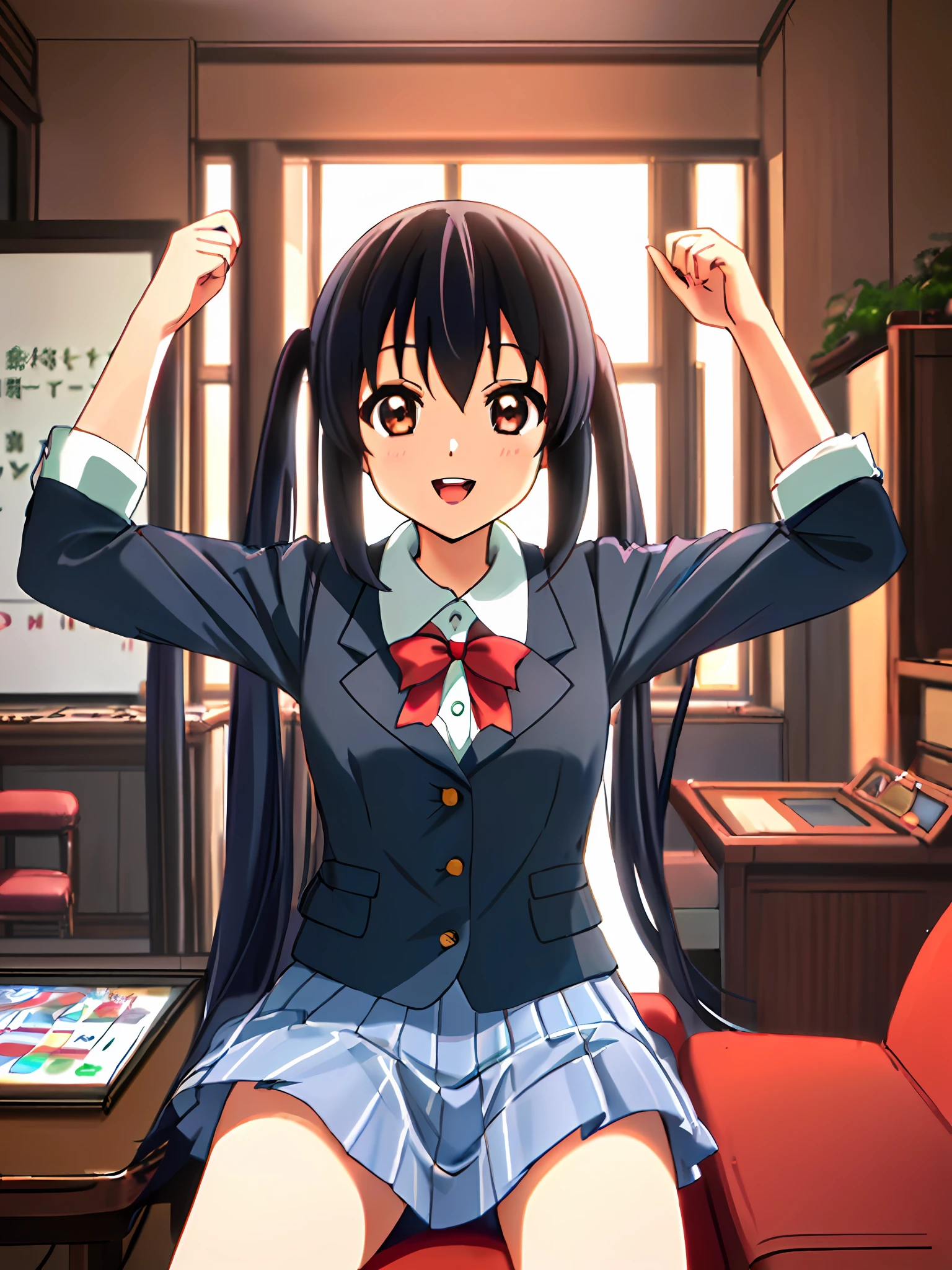 1girl, ((((Masterpiece))), Best Quality, Best Quality, High Detail, Azusa Nakano, 1girl, Sakuragaoka High School Uniform, Musical Instrument, School Uniform, Twin Tails, Long Hair, Black Hair, Brown Eyes, Solo, Red, Dark blue blazer with a thin ribbon of red, Solid white button shirt under blazer, Illustration, Cartoon, Soothing tones, Muted colors, Soft cinematic light, Adobe Lightroom, Photo Lab, HDR, complex and highly detailed, (((depth of field))))). (((Masterpiece))). (((highest quality))).) ((super detail))). (((Illustration))). (((Room))). (((fighting stance))).,dynamic focus.small breasts. (((smile))). Open mouth.Spread your arms.Stretch your chest.Sit down.