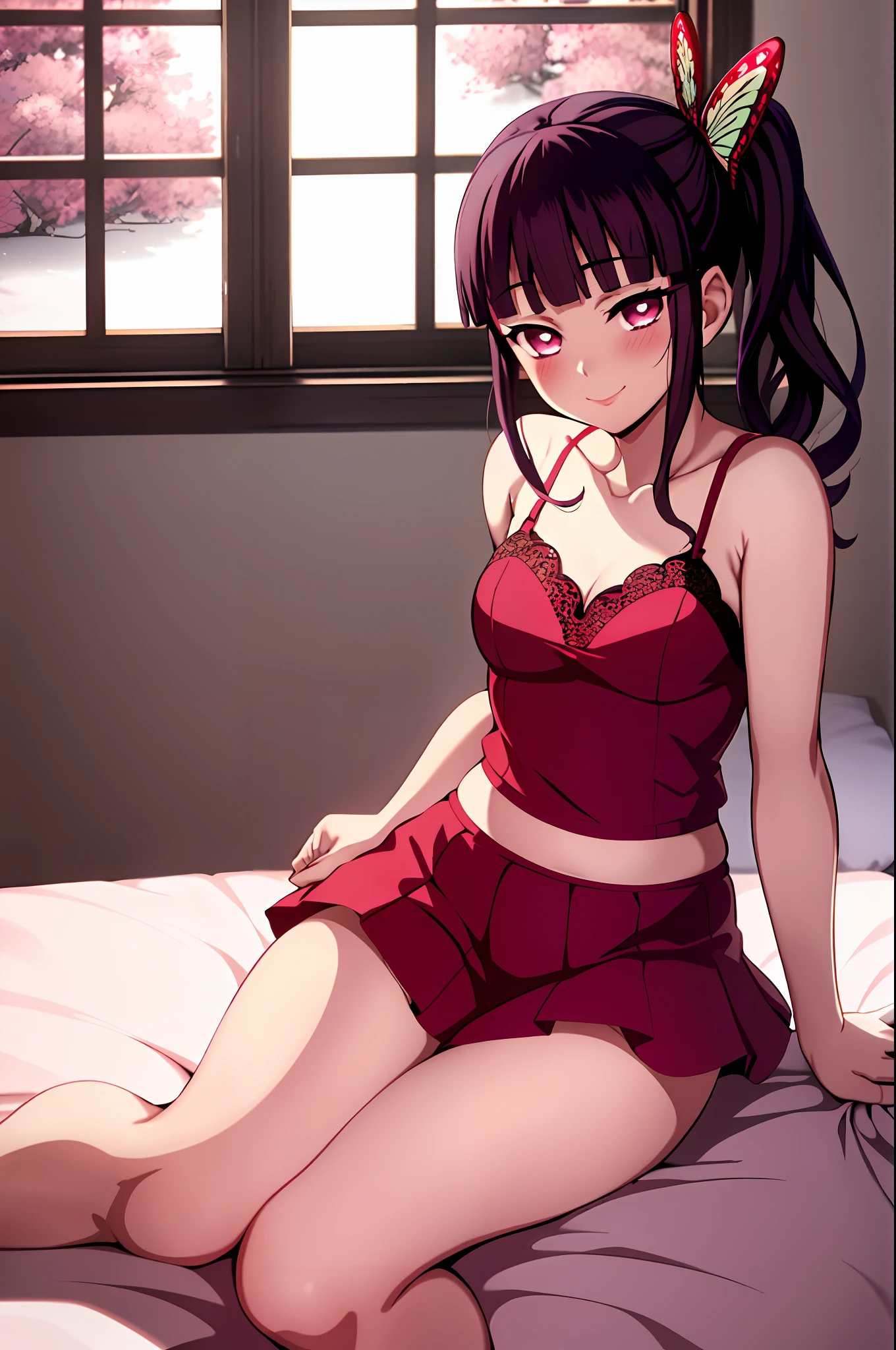 kimetsu no yaiba style, 1girl, butterfly hair ornament, hair ornament, red lace lingerie, solo, purple eyes, side ponytail, smile, bangs,  ((masterpiece)), pleated skirt, face at viewer, look at viewer, bed, bedroom, window, pillow, (stocking), blush, shy, sexy pose,