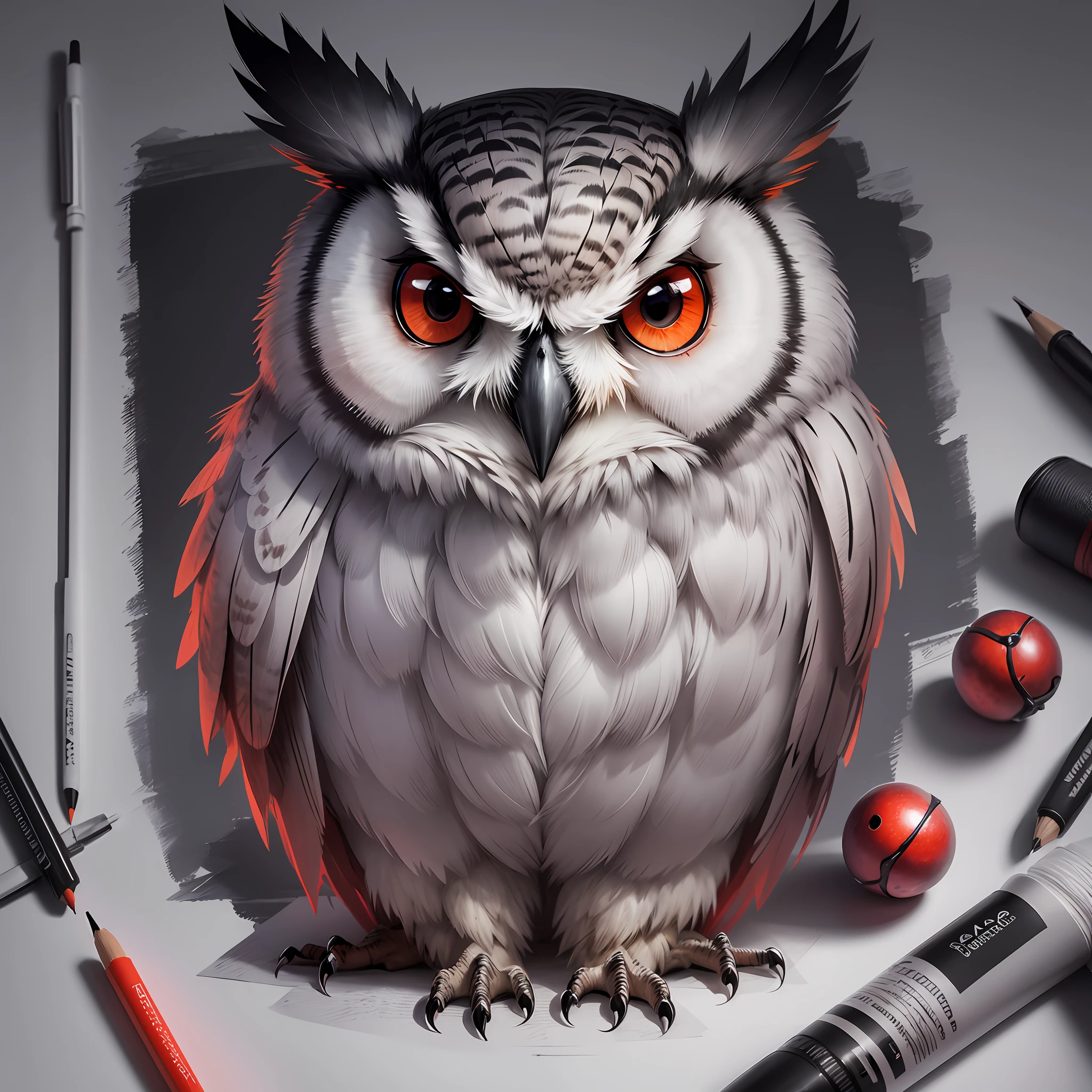 Drawing Challenge: Create realistic tattoo-like images of a macabre owl in shades of gray, with red eyes. Make sure the images are highly detailed and realistic, with precise textures and shading to create a dark and macabre look. The owl's eyes should be in intense red to add an extra touch of horror and mystery to the image. Use references from images of real owls and anatomy studies to get an authentic look. Make sure that the position and proportions of the owl are correct to create a balanced and attractive image. You can use any drawing technique, such as pencils, ink, or markers, to create the images. Remember that each image should be unique and represent your artistic vision of the proposed theme. --auto --s2