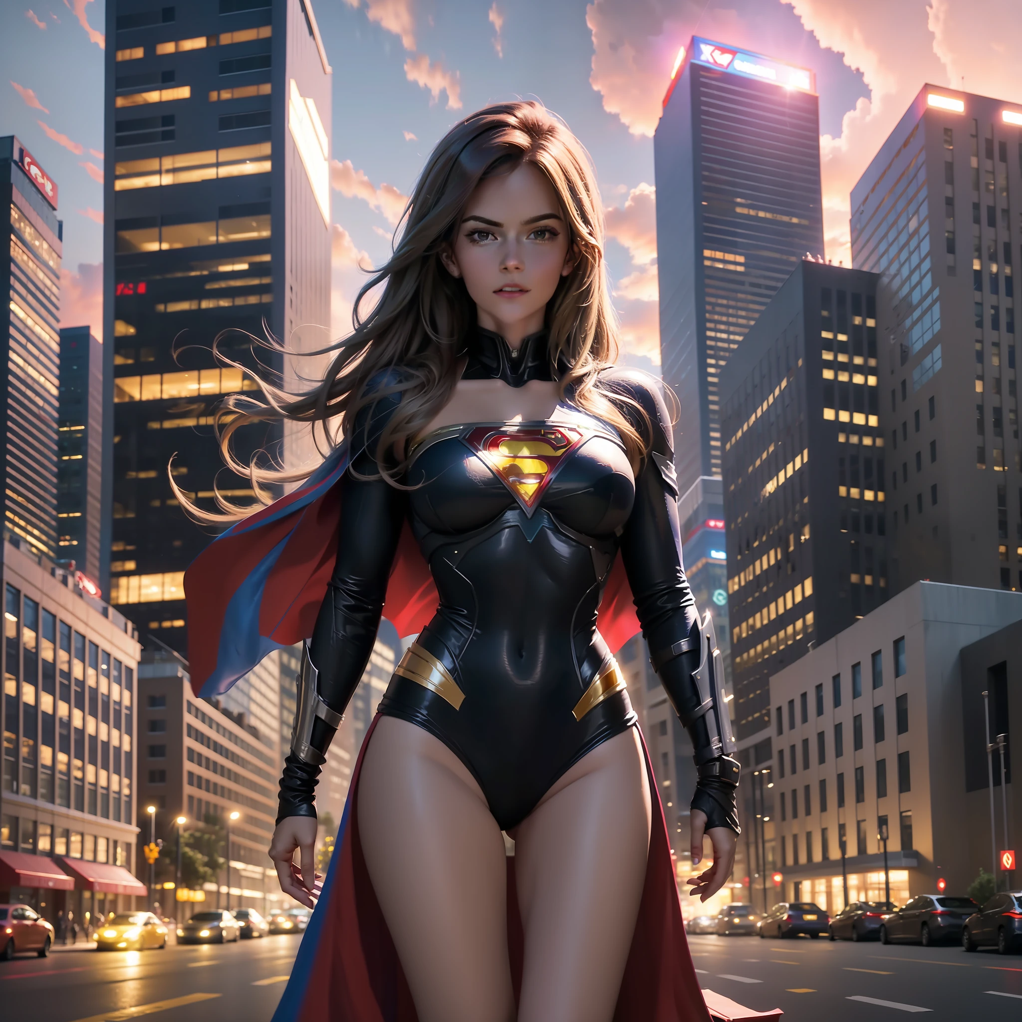 Ralph woman in Superman suit standing in front of building, Superman, like Superman, cyberpunk Superman, Superman, HQ 4K wallpaper, Emma Watson as Superman, movie body shot, movie full body shot, hero pose colorful city lighting, DC style, overlay, HQ 4K mobile wallpaper