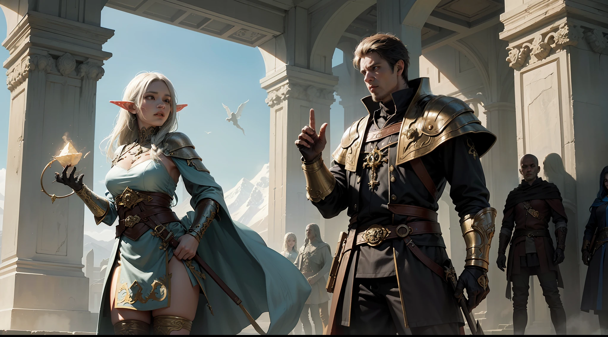 ((Best quality)), ((masterpiece)), (highly detailed:1.3)3D,tanjoreai , Amidst a realm of enchantment and mythical wonders, tales of (heroes:1.1) and (heroines:1.2) unfold. In this realm, ancient prophecies foretell the rise of a chosen champion destined to confront a malevolent force threatening to plunge the world into eternal darkness. The path to victory lies scattered across exotic and otherworldly landscapes, from mist-shrouded forests to towering crystalline peaks and (ethereal floating islands:1.1).Harnessing the arcane arts, (mighty wizards:1.1) conjure spells that weave intricate patterns of magic, while (elven archers:1.1) unleash arrows infused with ancient power. (Dwarven smiths craft legendary weapons:1.1) imbued with the essence of mythical creatures, capable of vanquishing even the most formidable foes.The heroes embark on a perilous quest, guided by ancient scrolls and cryptic riddles. Along their journey, they encounter wise mystics, shape-shifting creatures, and (mysterious sorceresses:1.1) who possess forbidden knowledge.As the heroes traverse the realms, ancient ruins and forgotten temples reveal long-lost secrets and powerful artifacts. The clash of steel and the crackling of (magical energies:1.1) echo through ancient battlegrounds, as the destiny of the world hangs in the balance. The heroes must summon unwavering courage, unwavering unity, and unlock their true potential to overcome seemingly insurmountable odds and fulfill their heroic destinies.In this realm of high fantasy, where the realms of magic and technology intertwine, where legends are born and (epic:1.2) sagas unfold, where heroes rise and villains fall, embark on a grand adventure that will captivate the imagination and transport you to a world where anything is possible,HDR (High Dynamic Range),Ray Tracing,NVIDIA RTX,Super-Resolution,Unreal 5,Subsurface scattering,PBR Texturing,Post-processing,Anisotropic Filtering,Depth-of-field,Maximum clarity and sharpness,Multi-layered textu