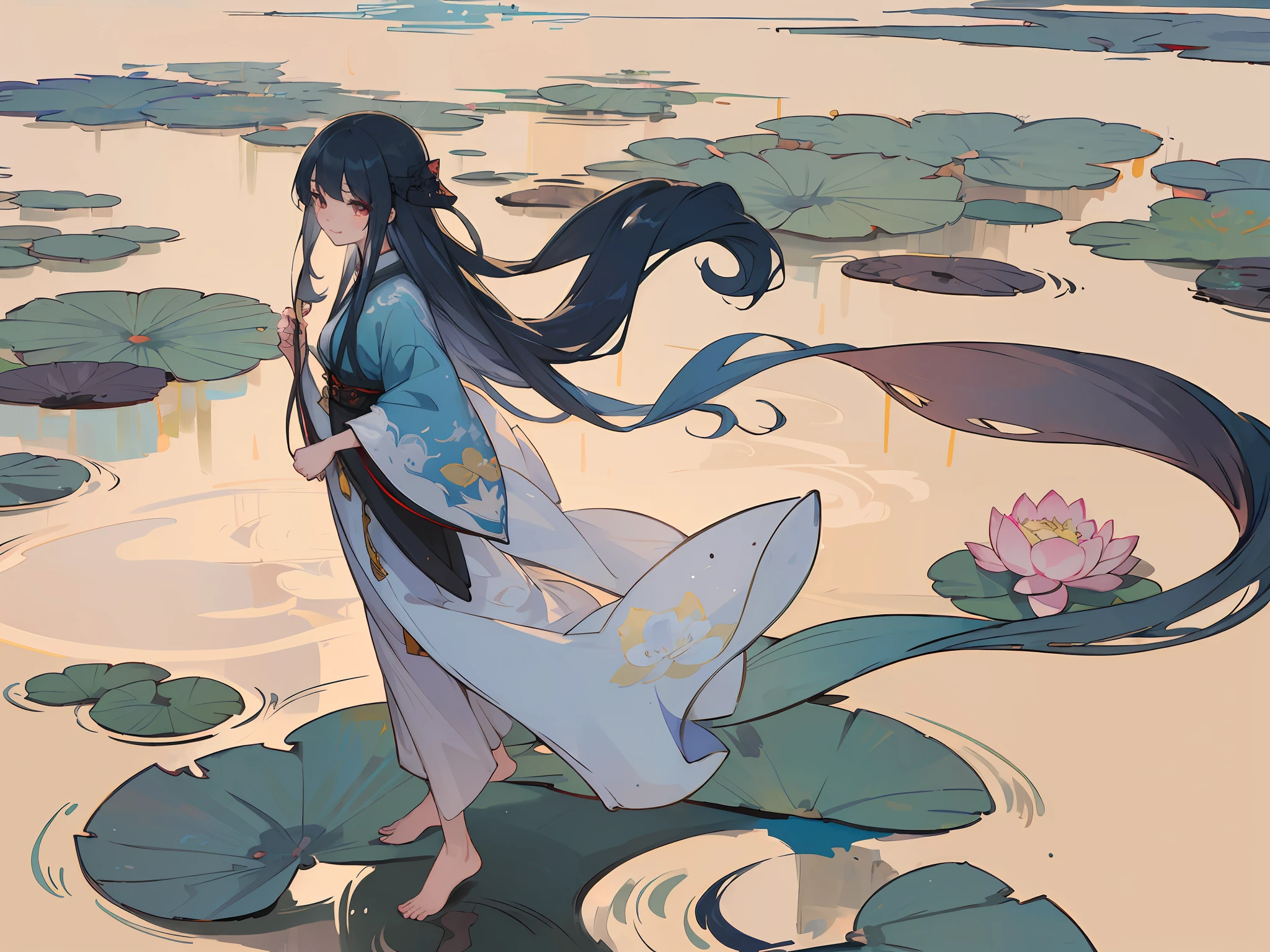 ((4k,masterpiece,best quality)), shuimobysim, traditional chinese ink painting, lotus, hanfu, maxiskit, dress conservatively 1girl, solo, long blue hair, smile, standing, feet in the water, barefoot,