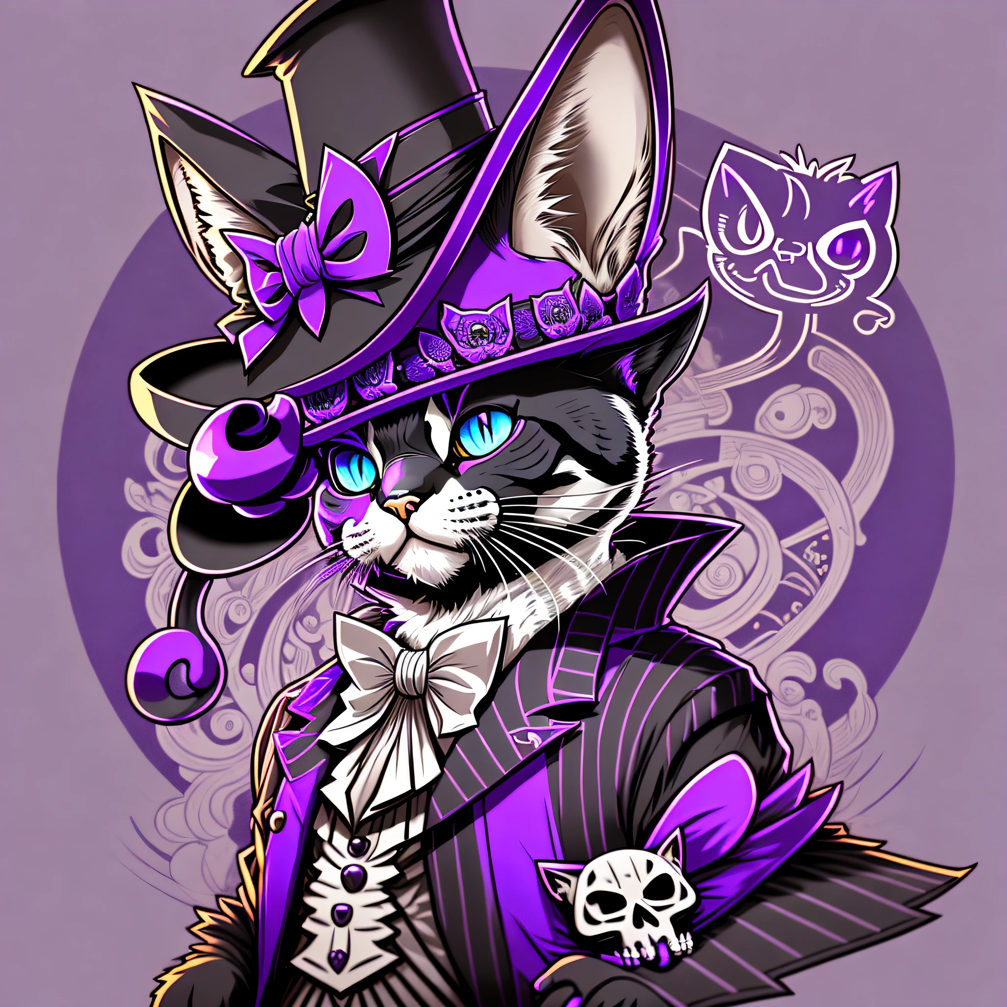 a close up of a cat wearing a top hat with a skull on it, discord profile picture, purple cat, cat with a hat, cat design, cat wearing a top hat, cat witch, anthropomorphic cat, mascot illustration, style of hydro74, epic art style, demon cat, telegram sticker design, cyberpunk cat, toxic cat, twitch emote --auto --s2
