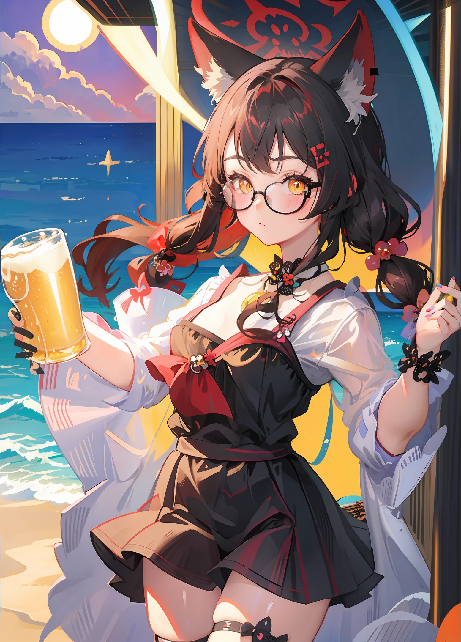 Cute Umineko Cat Ears Odd Eye Swimsuit Glasses Woman Beer in Hands Sea and Beach