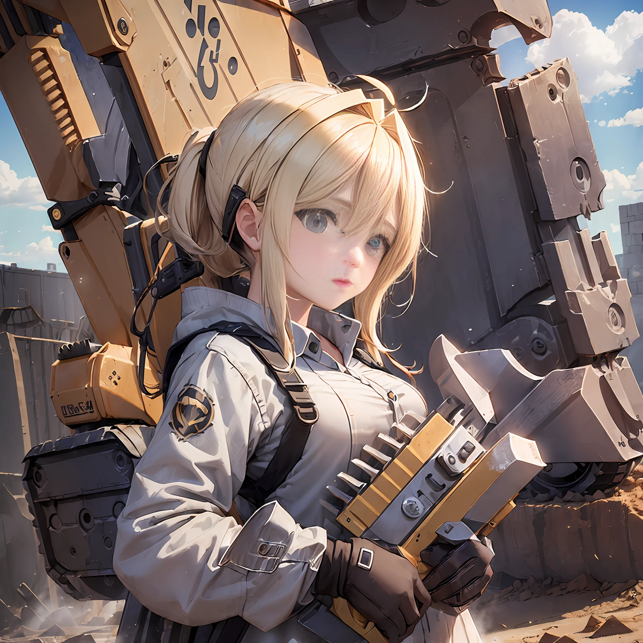 ((((Excavator girl)))), Master Pee, Top Quality, Very Detailed, Unity8k Wallpaper, Big Sky, 1 Girl, Heavy Machinery, Gradient Hair, Hair Between Eyes, Ahoge, Age: 16 years old, Pretty face, White Niso,