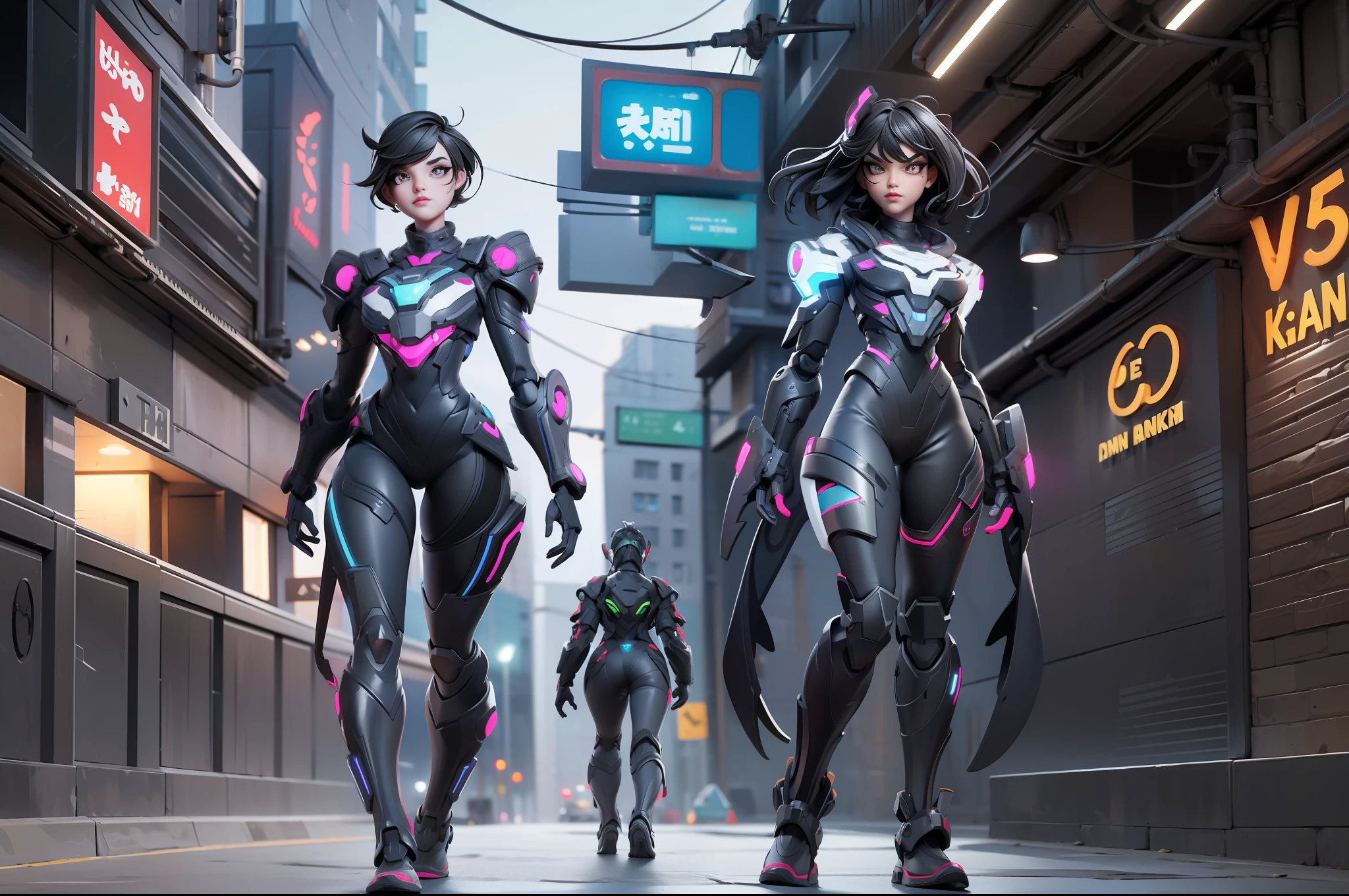full body picture Unreal Engine 5 8K UHD of beautiful girl, black short hair, wearing futuristic black tight battle suit, half face cyberpunk mask, futuristic neck collar, beauty makeup, walking in front of battle robots behind, best quality, masterpiece