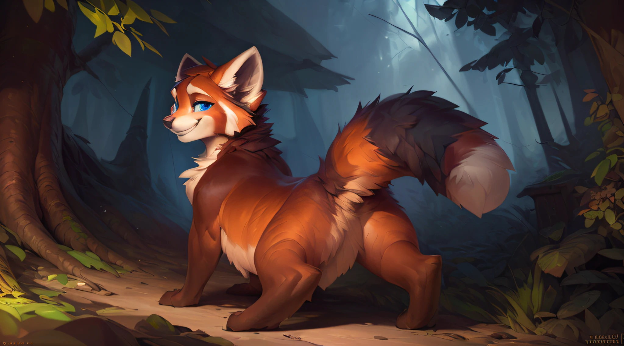 uploaded the e621, by Pixelsketcher, by Bayard Wu, by Thomas Benjamin Kennington , by Einshelm, solo (((wild))), red panda ((taur)) with (fluffy tail) and ((light navy blue eyes)), male, male, ((only)) male, ((male only)), ((voluminous chest)), ((fluffy neck)), ((portrait)), (detailed Bonifasko lighting), (detailed skin), (cinematic lighting), (detailed background)), [twilight ray], [detailed ambient light], [ambient light on belly],  (increased wildlife wildlife detail), [explicit content], [Sharp focus], (questionable content), rear view, artistic genitalia, (shading), fluffy tail, tail up, fluffy tail, ((masterpiece)), (detailed skin), ((detailed skin), ((seductive smile)), dynamic pose, ((seductive pose))